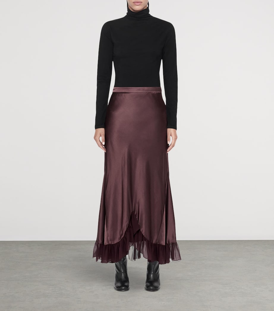 AllSaints Womens Satin Ruffle-Hem Irma Skirt Oxblood Red Image 2
