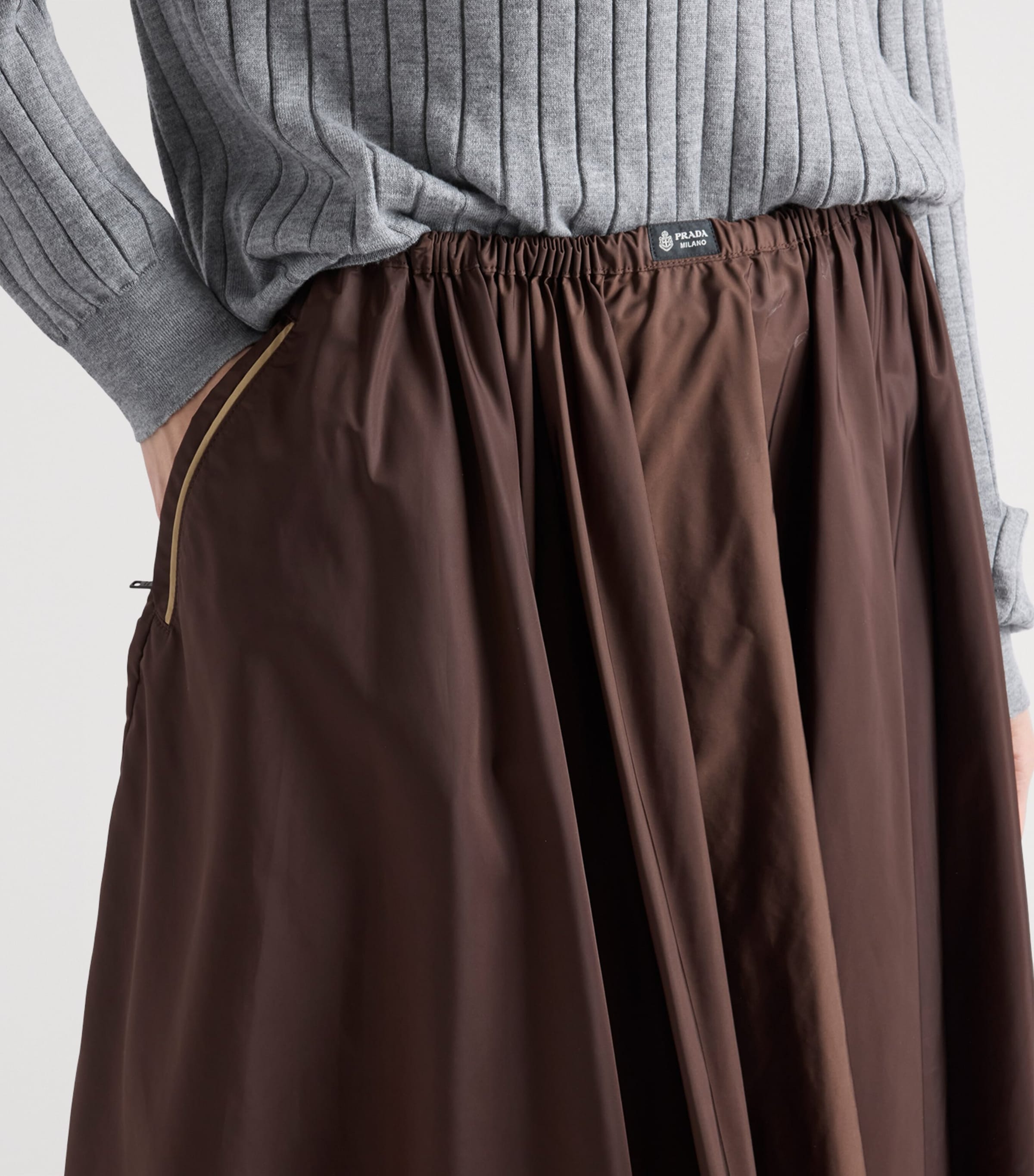 Prada Womens Re-Nylon Gathered Midi Skirt Brown Image 3