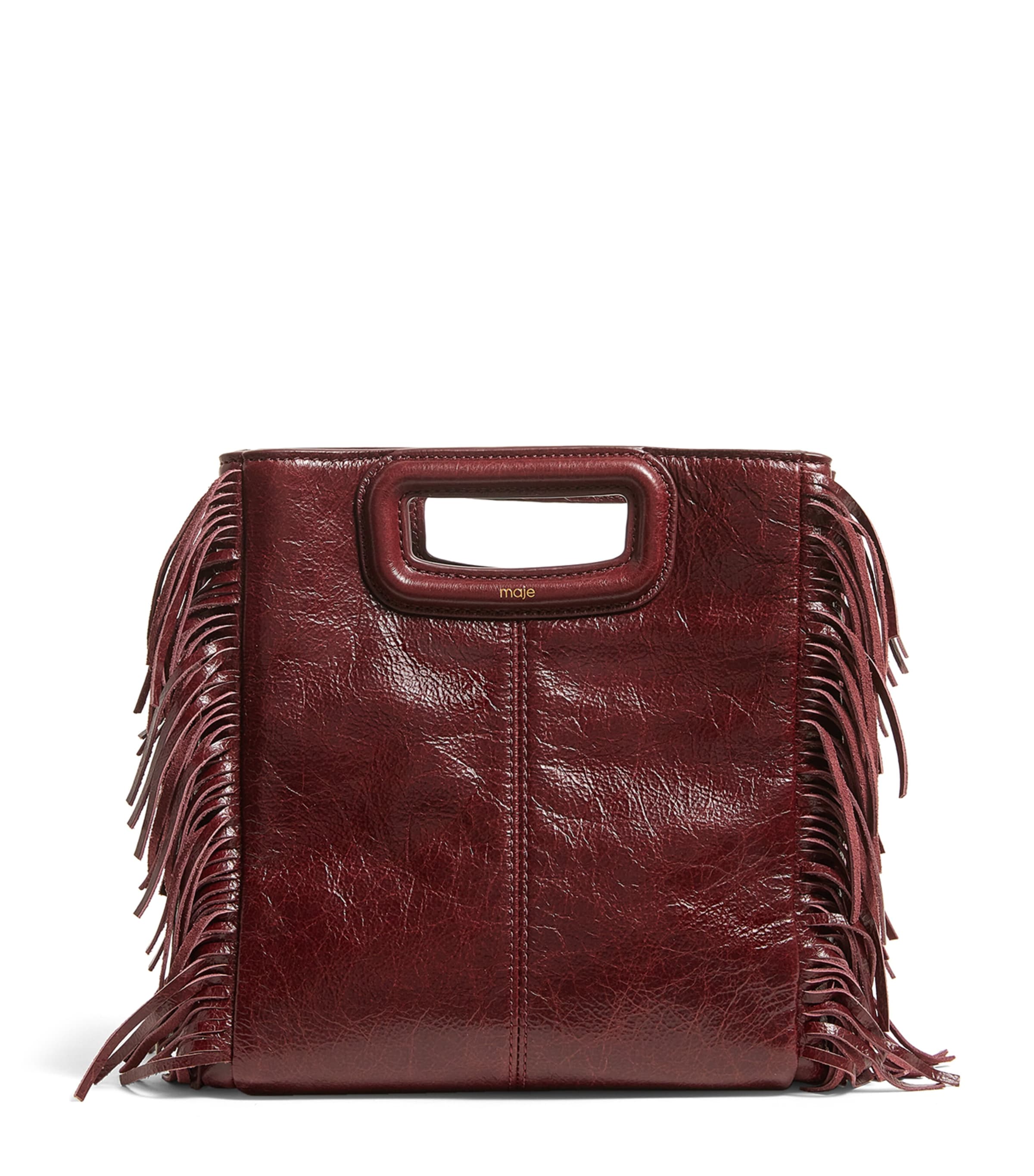 Maje Cracked Leather Fringed M Bag Burgundy Image 1