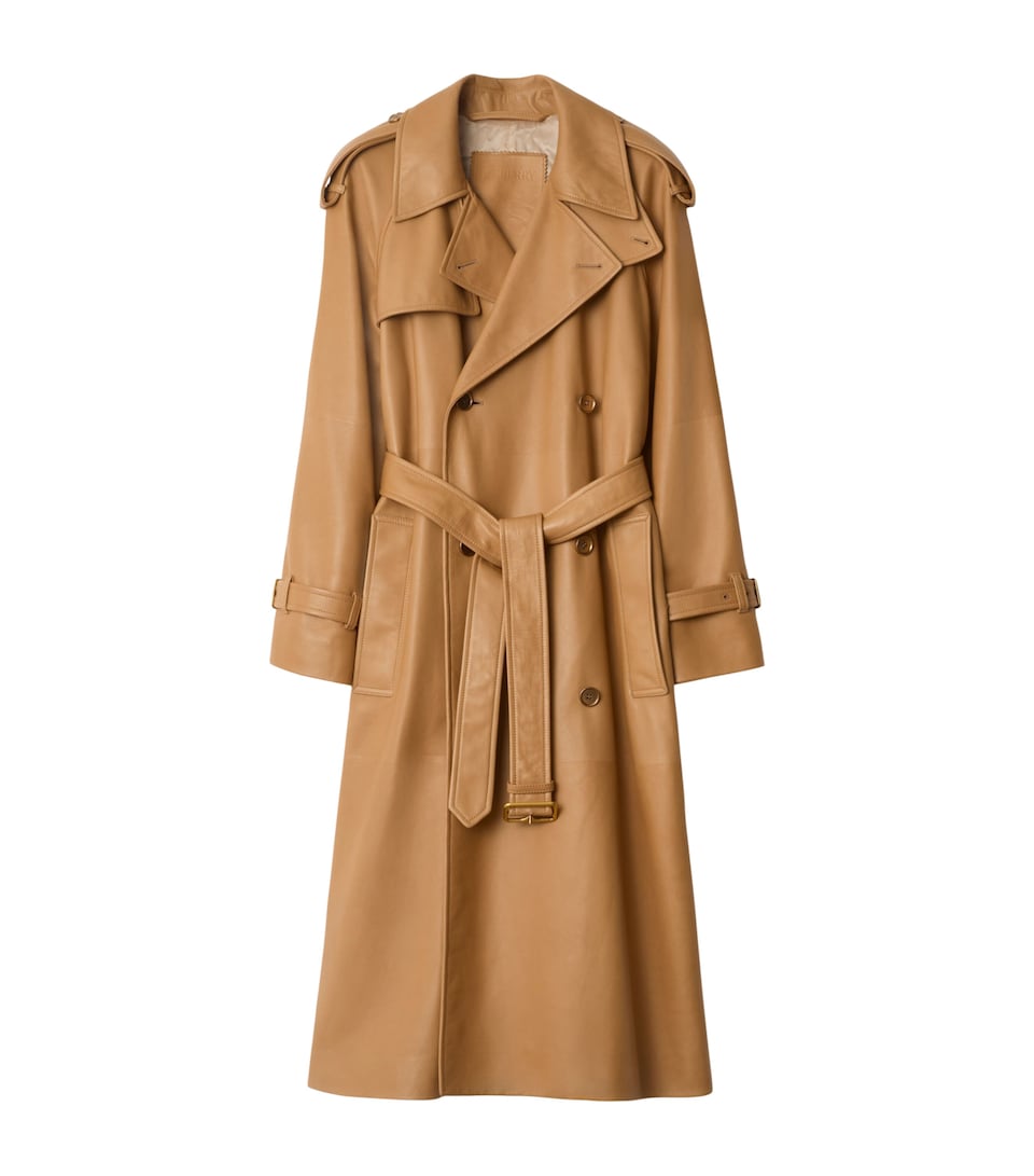 Burberry Long Plongé Leather Castelford Trench Coat Sepia