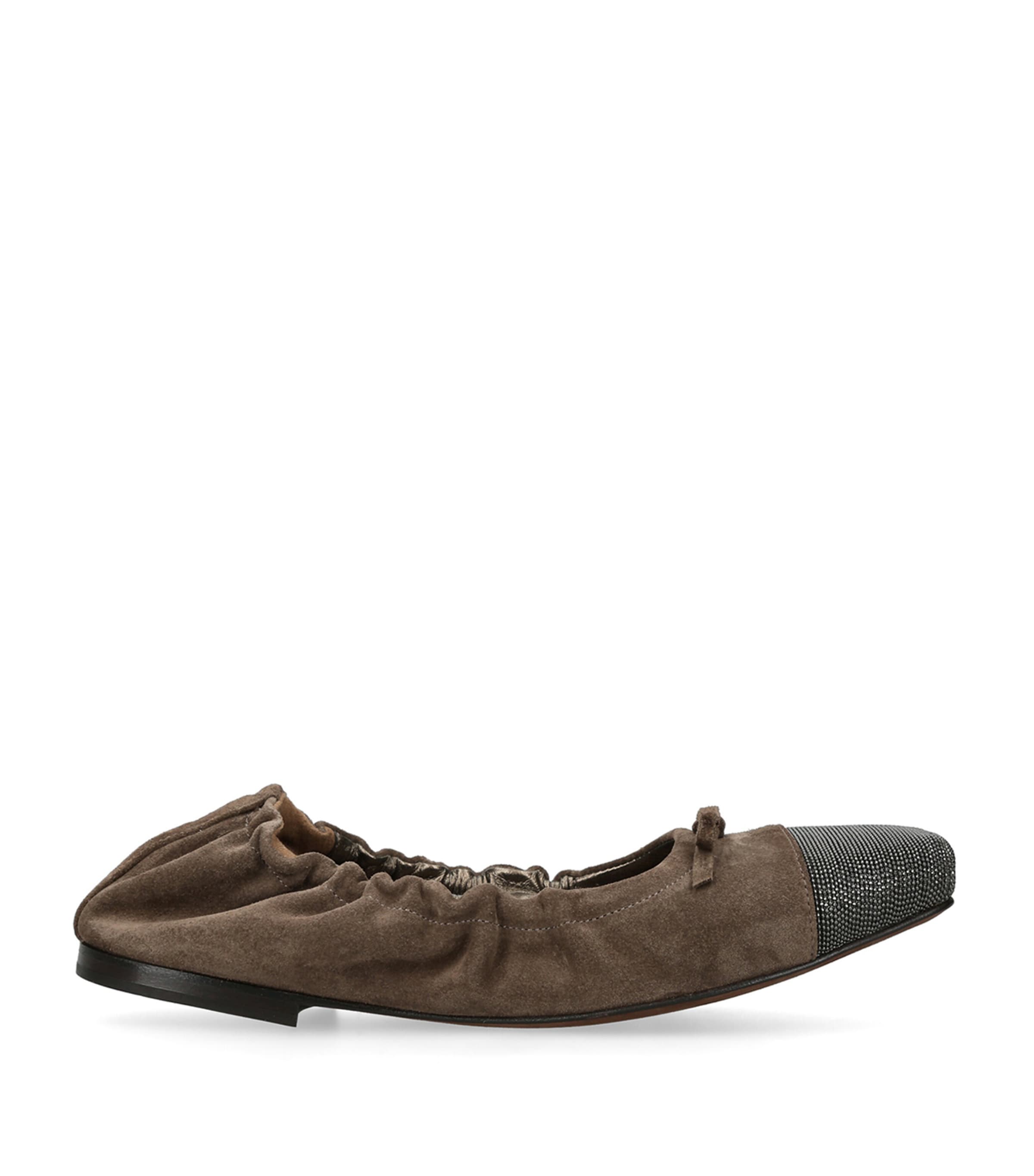 Brunello Cucinelli Suede Monili Cap-toe Ballerina Flats In Brown