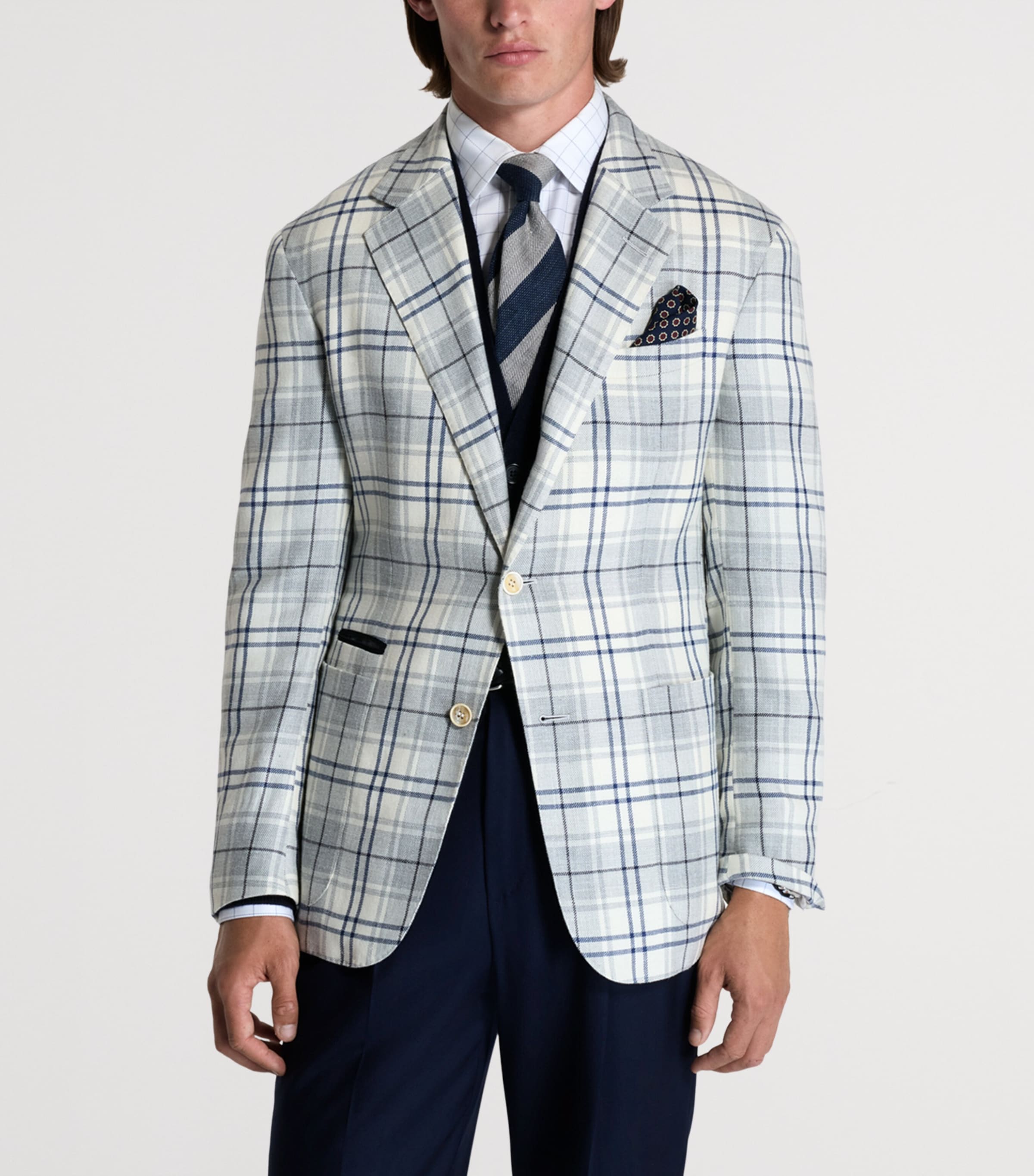 Wool-Blend Check Bourdon Blazer 122BLUE WHITE Image 4