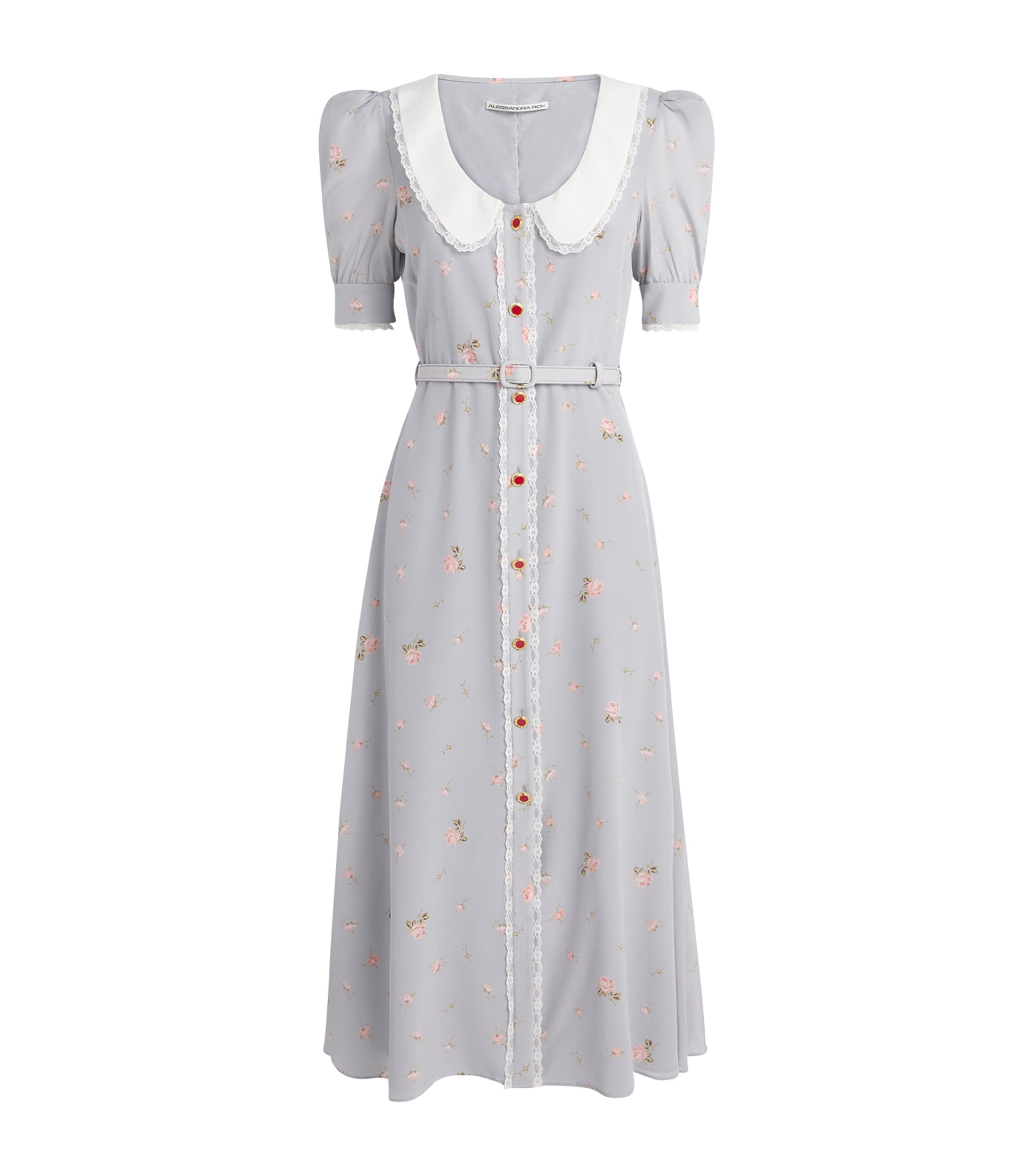 Alessandra Rich Womens Floral Print Belted Midi Dress Pearl Grey Pink Image 1