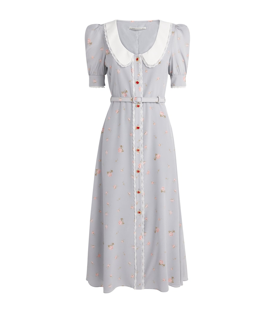 Alessandra Rich Womens Floral Print Belted Midi Dress Pearl Grey Pink Image 1