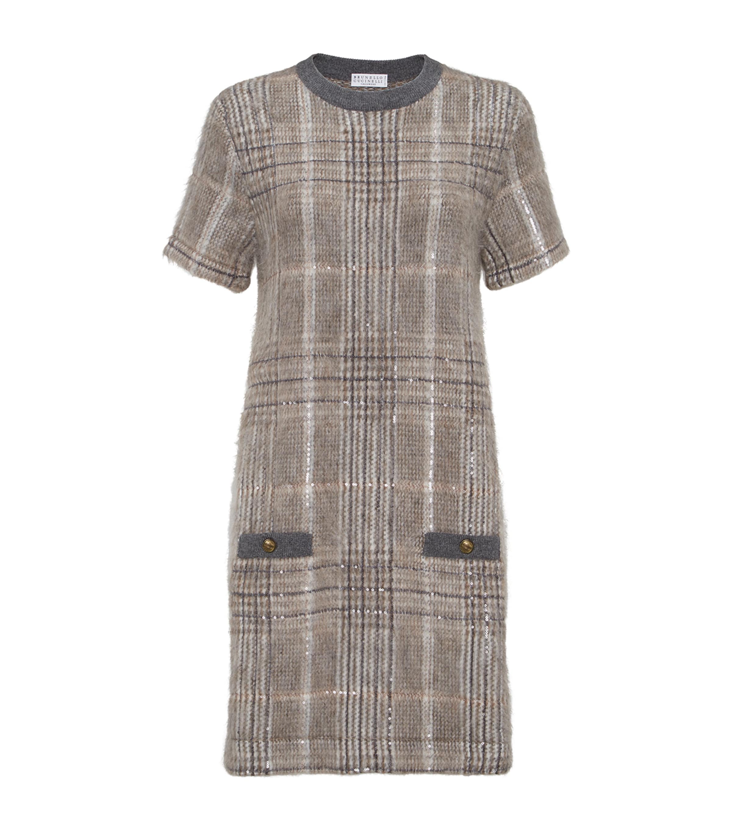Brunello Cucinelli Wool-blend Checked Mini Dress In Gray