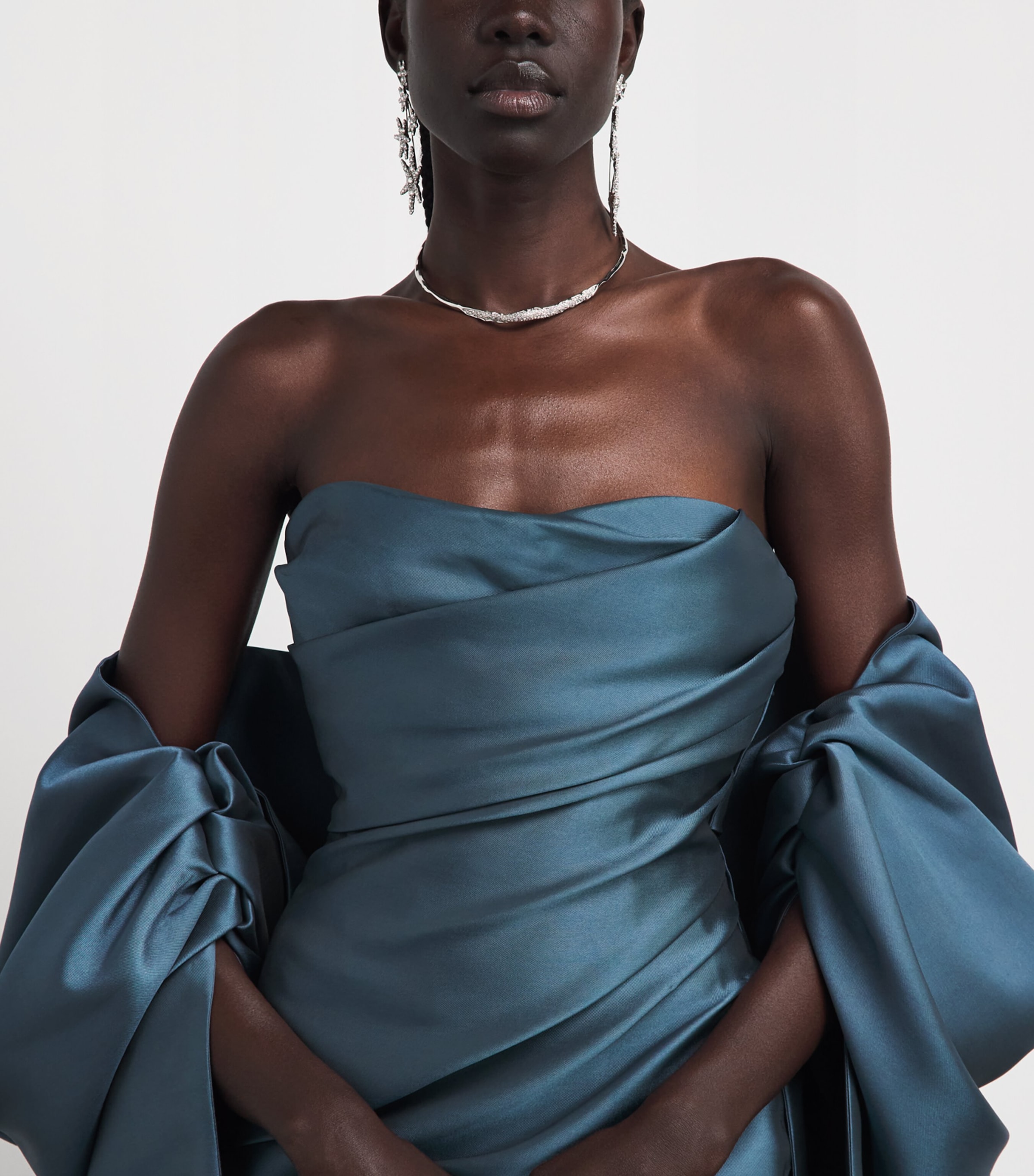 Marmar Halim Womens Satin Cape Column Gown Gray Blue Image 3