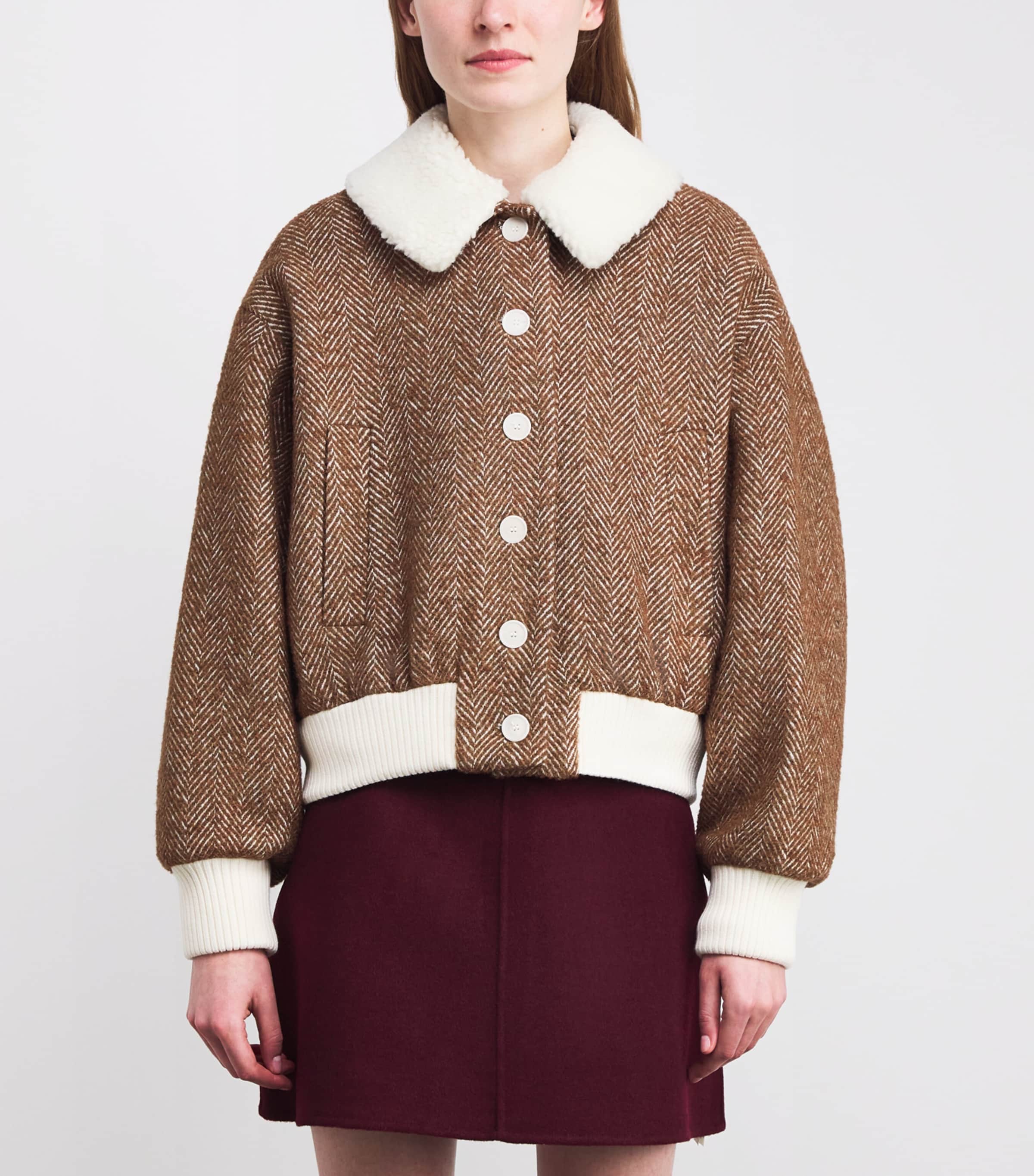 Herringbone Fleece-Trim Bomber Jacket DUAL-COLOR Image 3