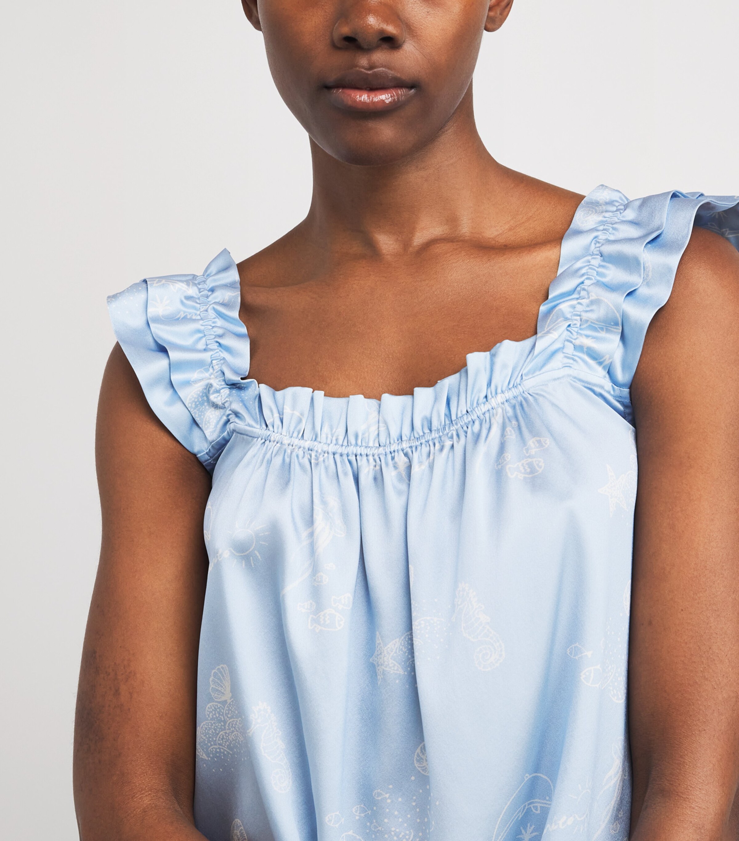 Silk-Blend Sea Print Tank and Short Pyjama Set OCEAN BLUE Image 5