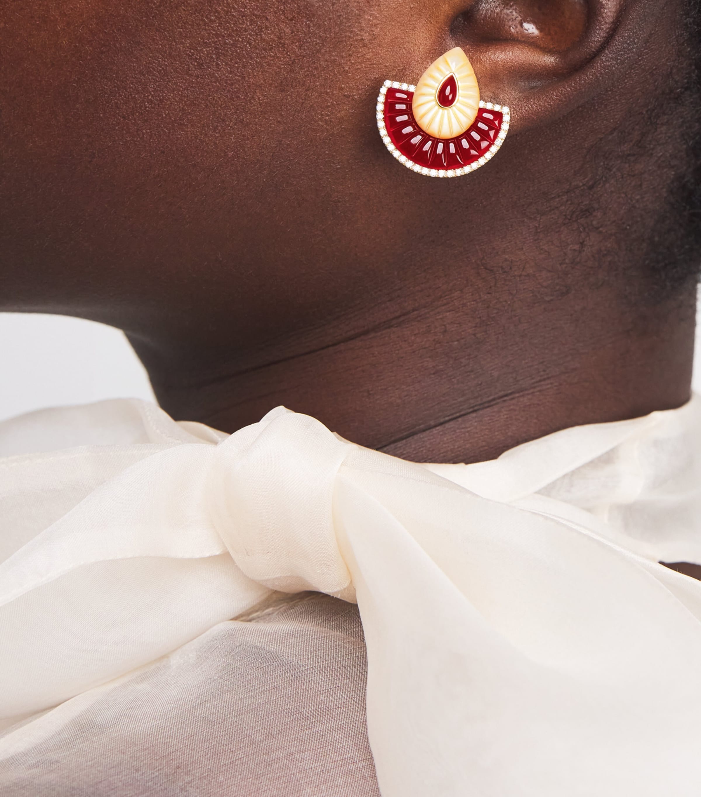 Small Yellow Gold, Diamond and Mother-of-Pearl Bond Steet Fan Earrings YELLOW GOLD Image 2