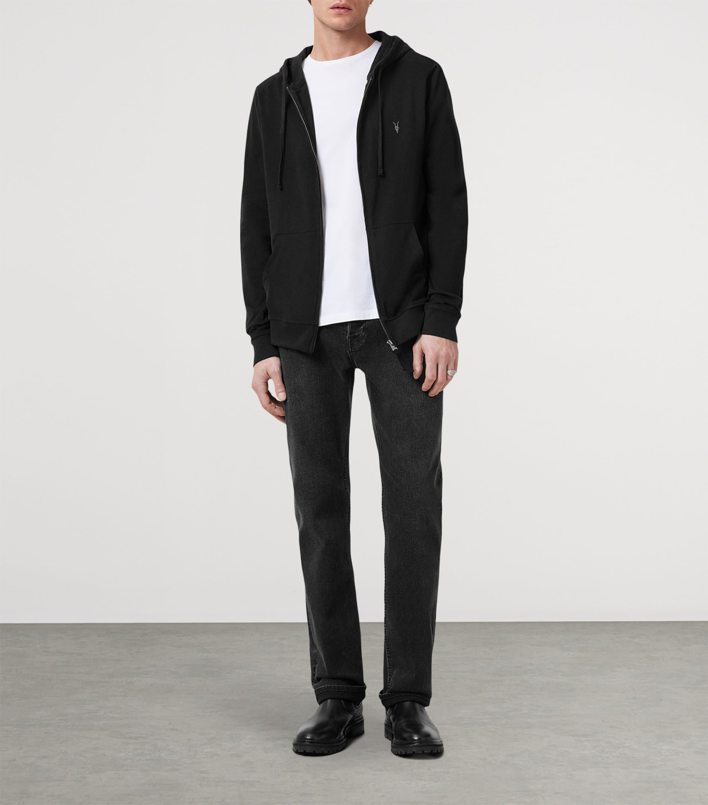 AllSaints Mens Organic Cotton Brace Zip-Up Hoodie Jet Black Image 2