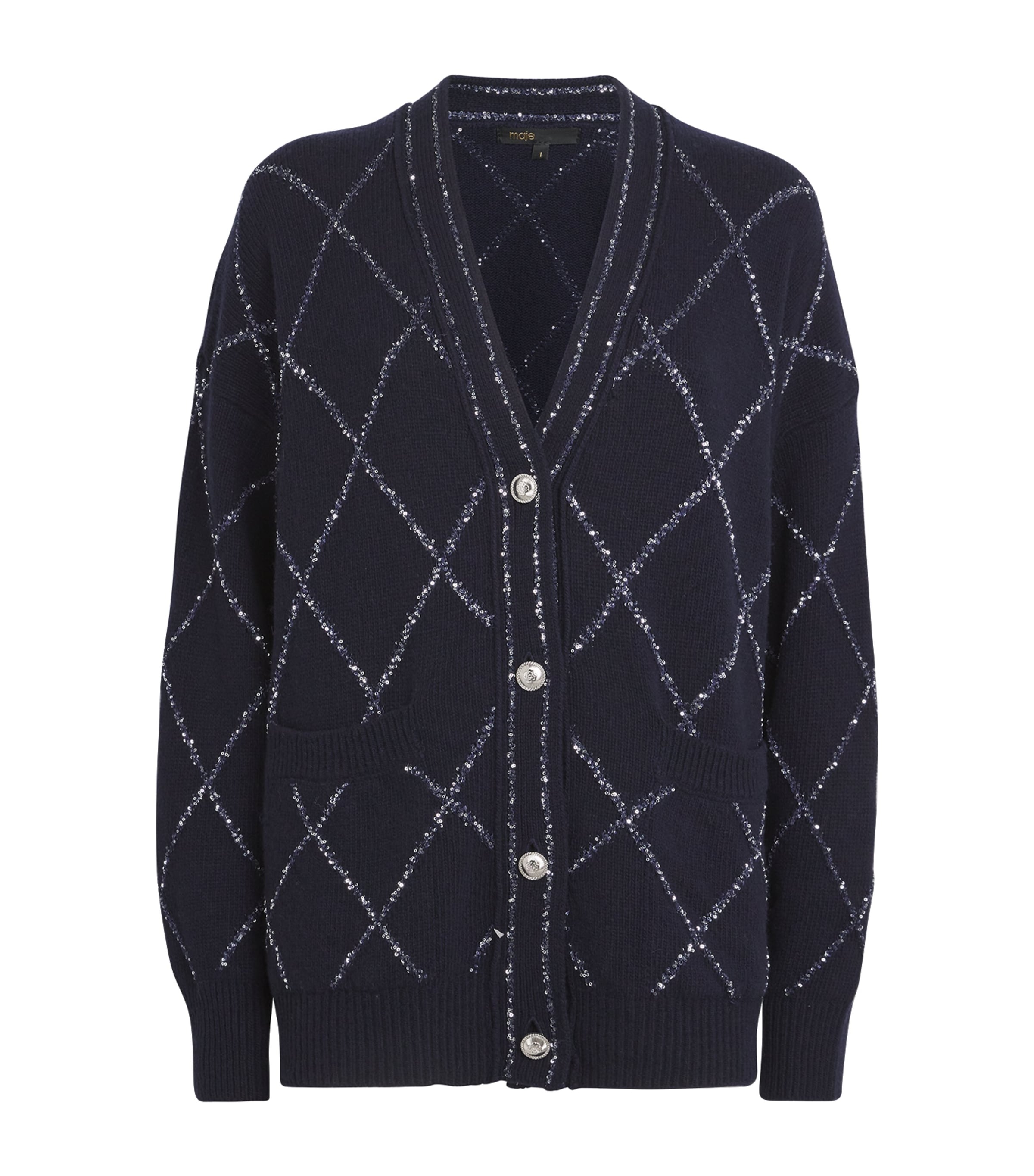 Shop Maje Wool-blend Embellished Cardigan In Blue