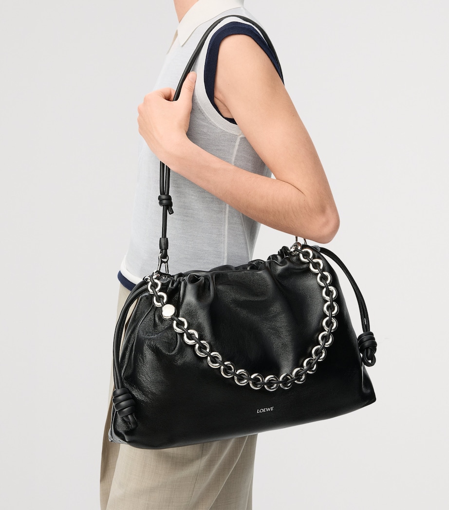 Large Leather Flamenco Purse Shoulder Bag BLACK Image 11