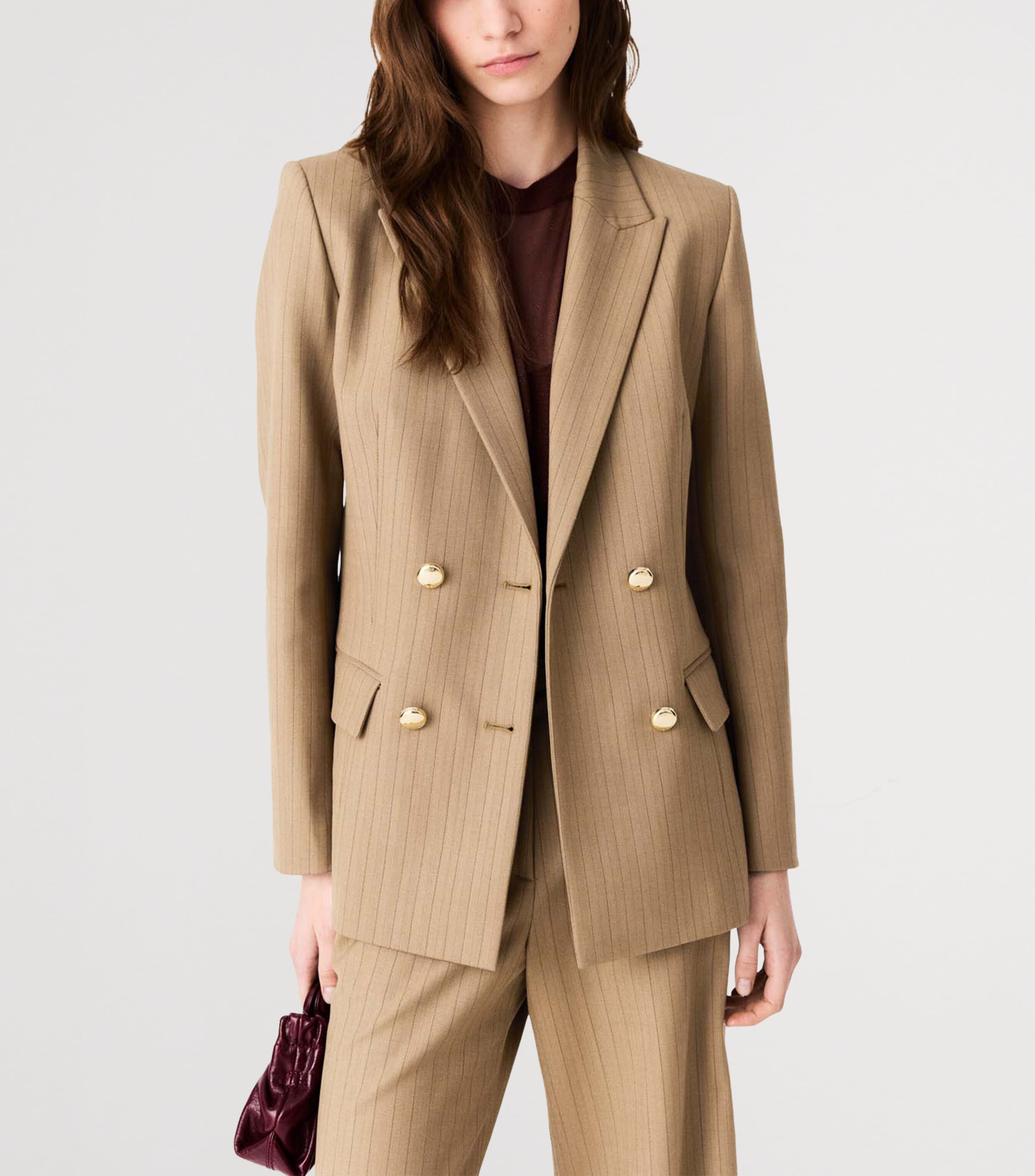Maje Womens Wool-Blend Striped Blazer Beige Image 5