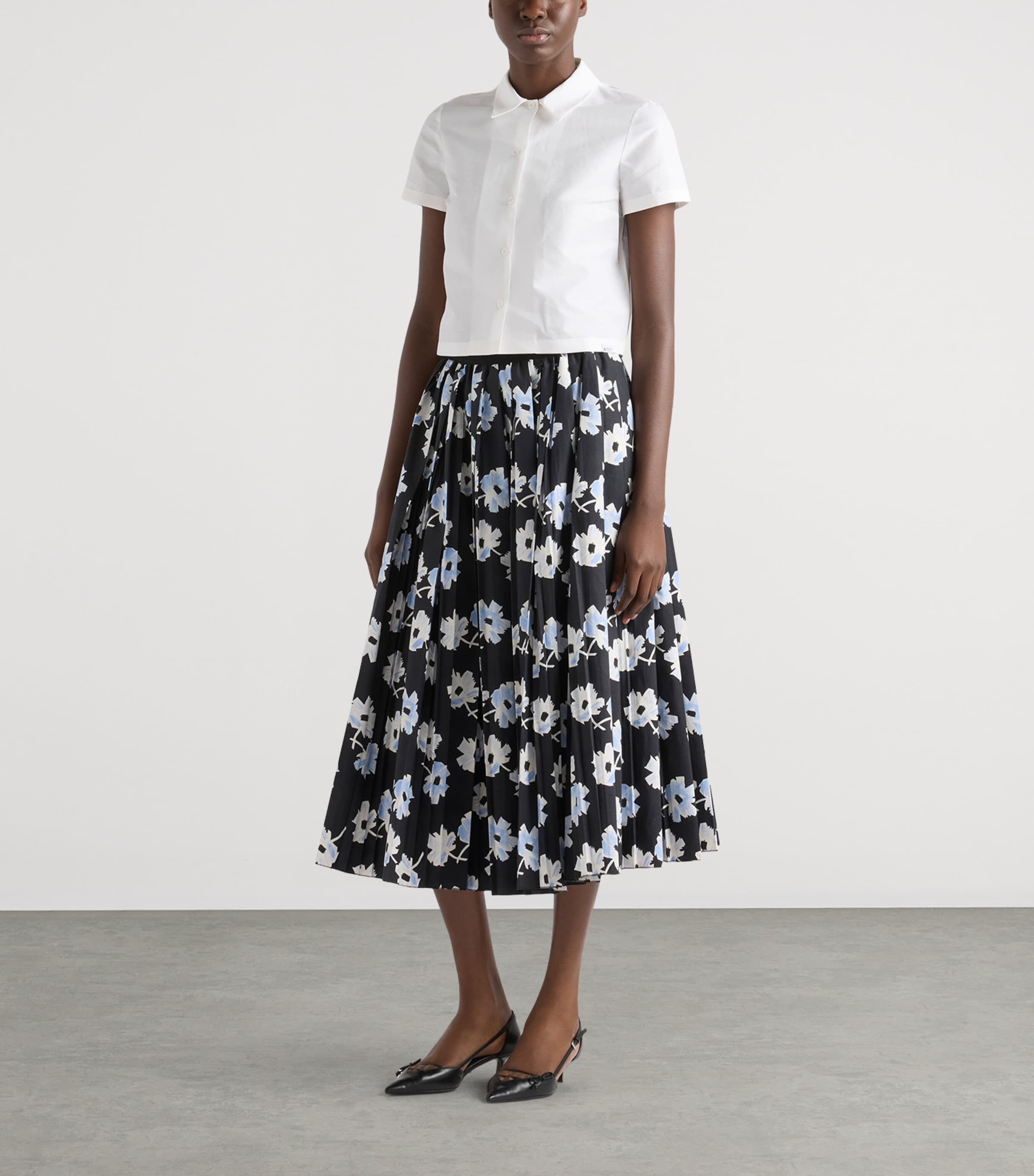 Prada Womens Cotton Pleated Midi Skirt Black Image 2