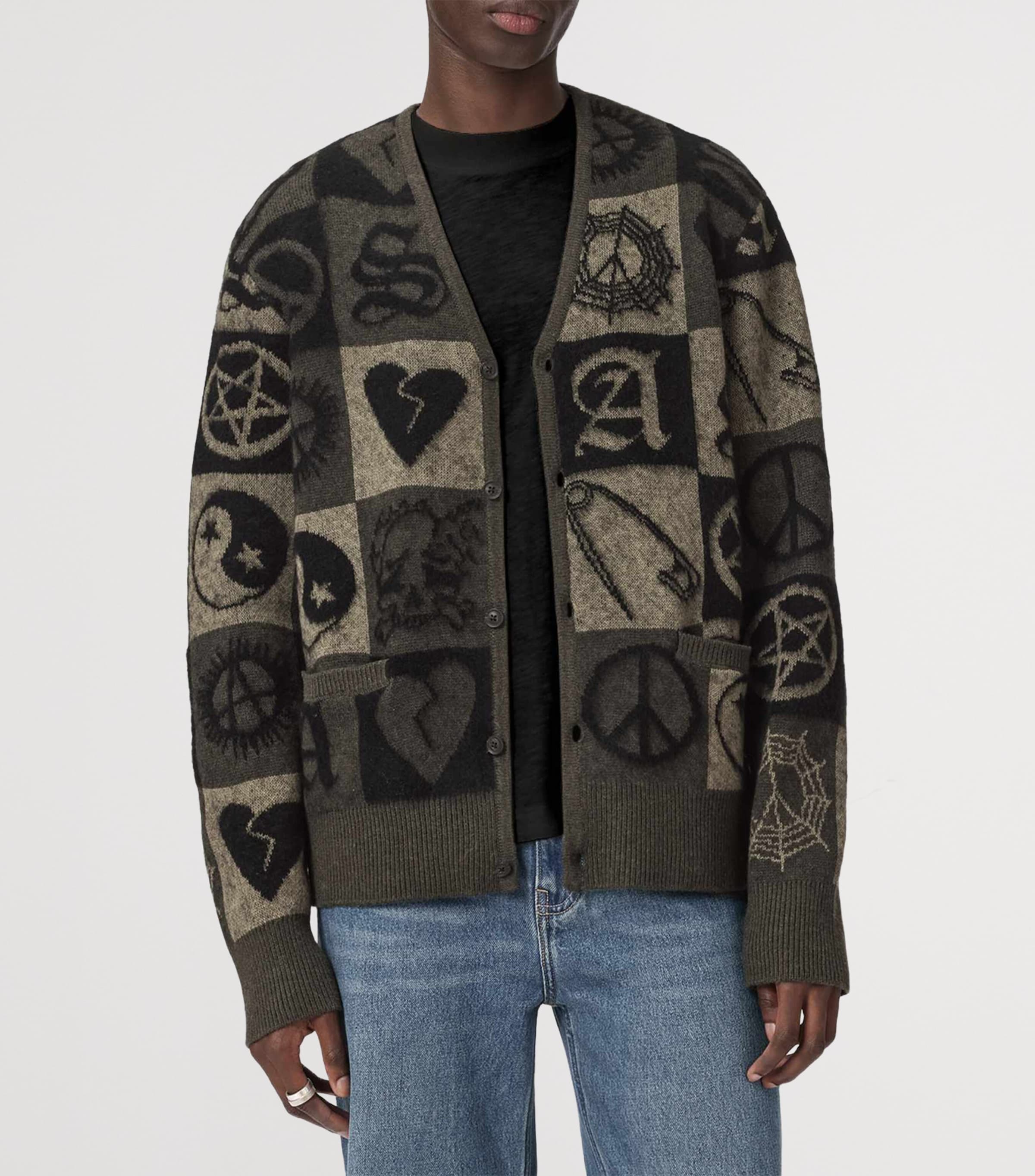 AllSaints Mens Jacquard Travis Cardigan Olive Green/black Image 6