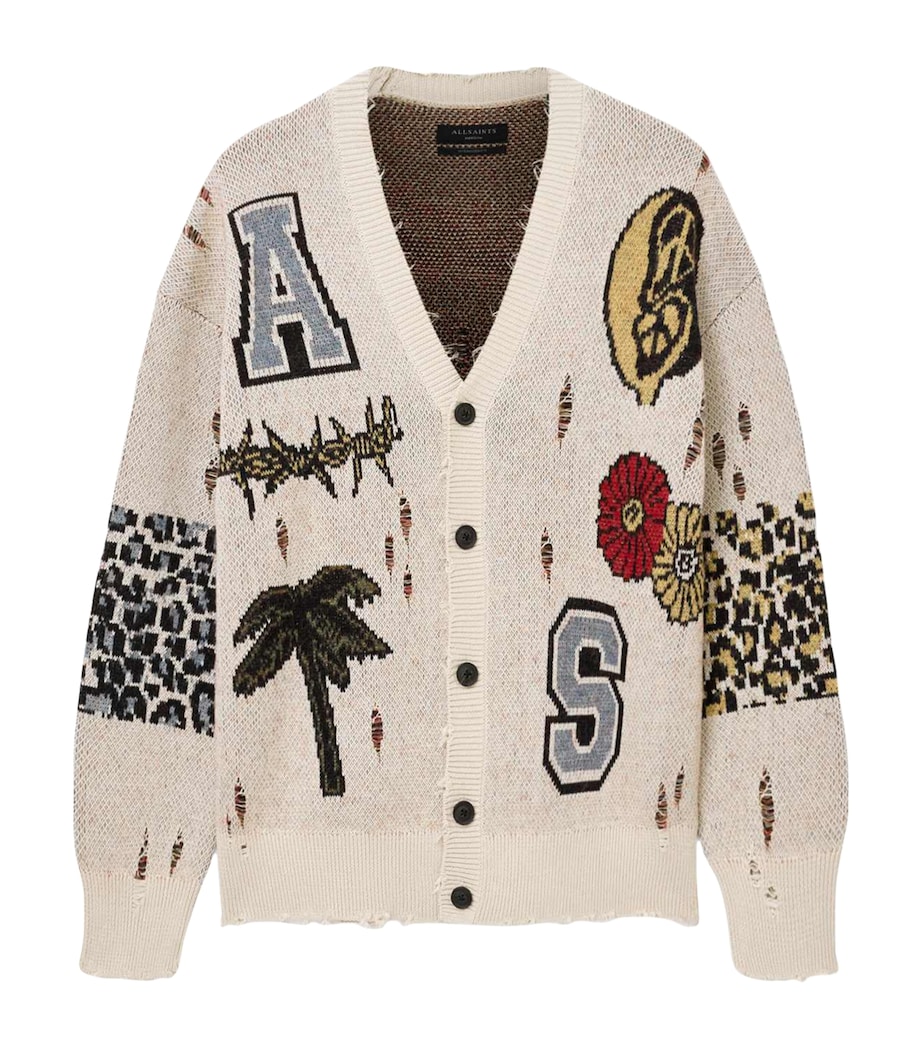 AllSaints Mens Organic Cotton-Blend Distressed Foxx Cardigan Ecru White Image 1