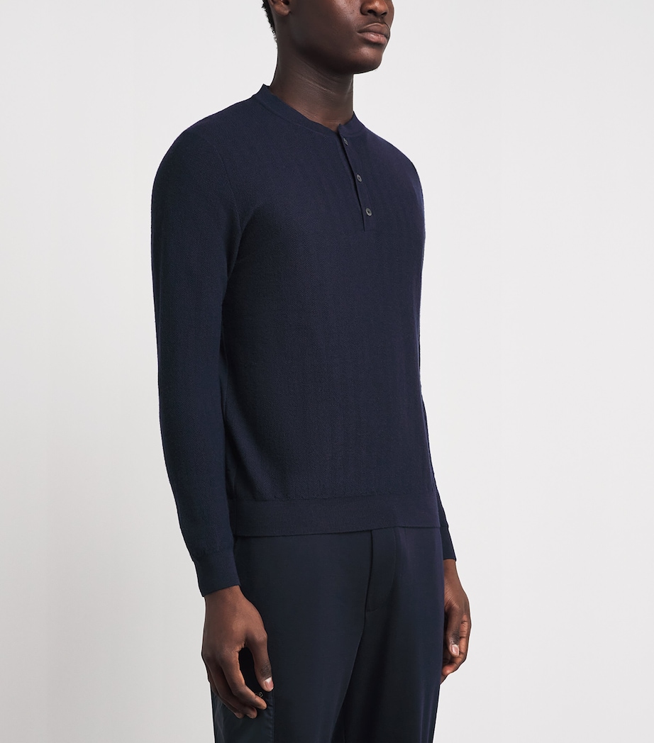 Sease Mens Wool, Silk and Cashmere Herringbone Henley Top Midnight Blue Image 4