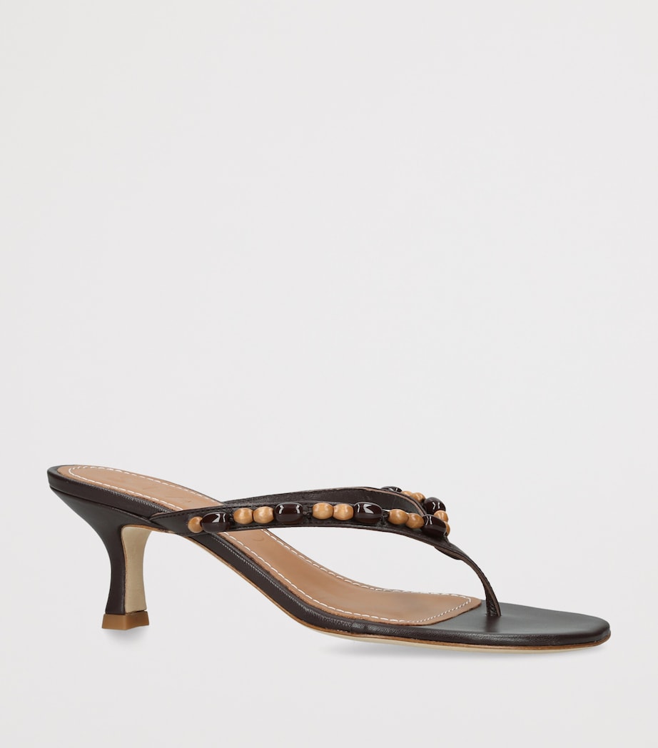 STAUD Leather Beaded Freja Heeled Sandals 60 Dark Brown Image 3