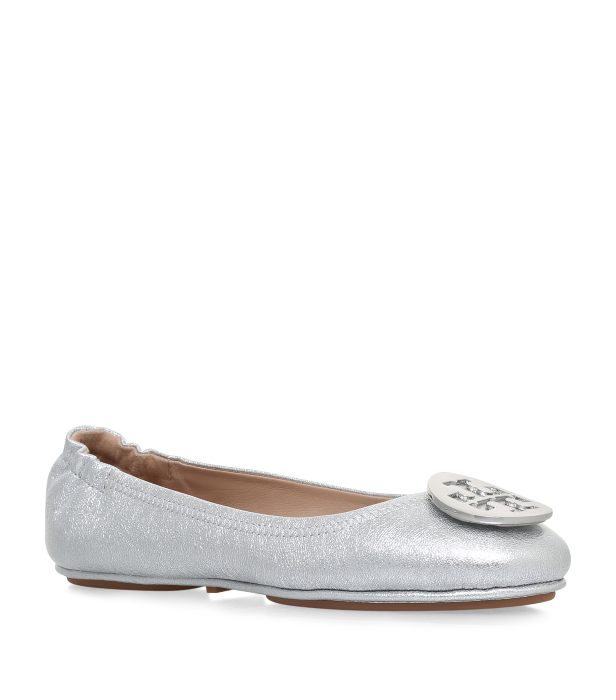 Tory Burch Metallic Leather Minnie Travel Ballet Flats In Grey