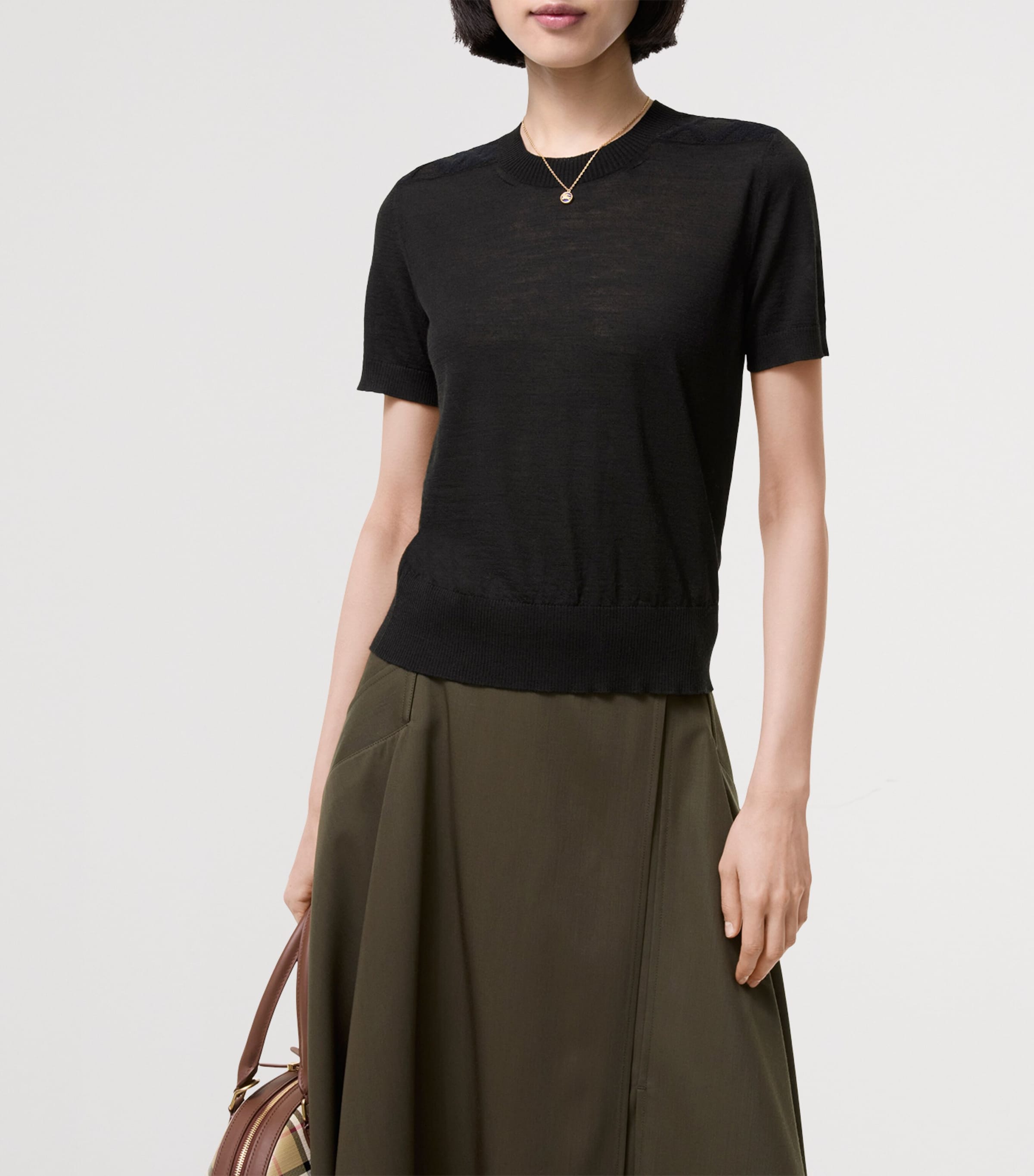 Burberry Womens Wool-Silk Check Panel T-Shirt Black Image 2