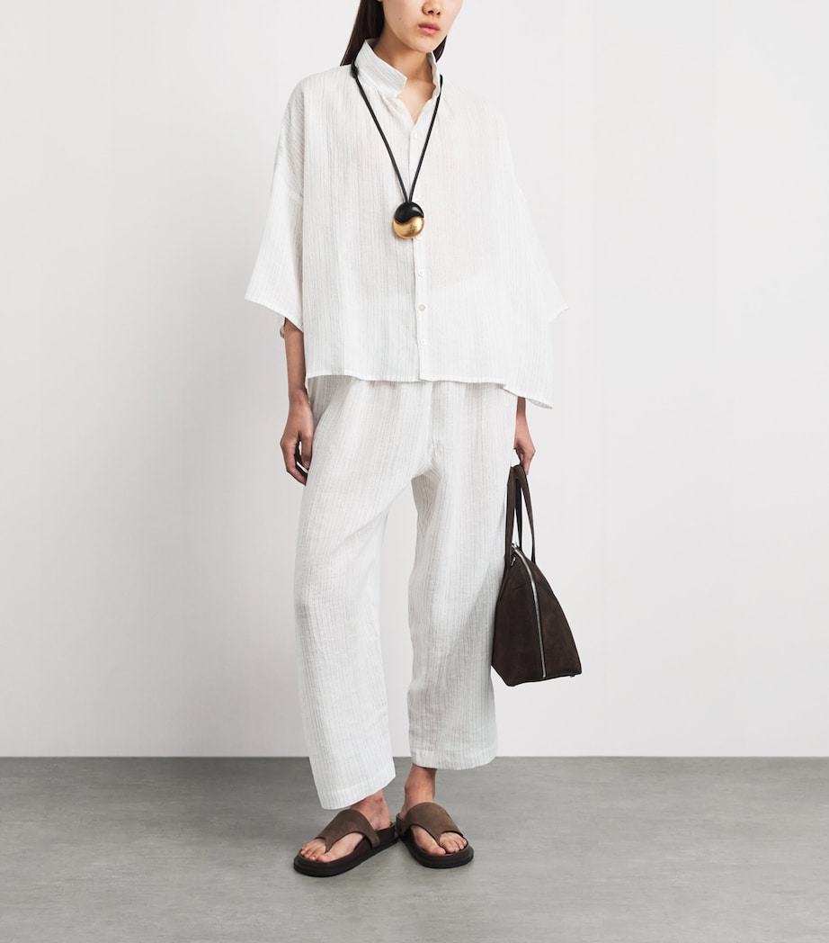 Eskandar Womens Linen-Blend Stand-Collar Stripe Shirt White Image 2