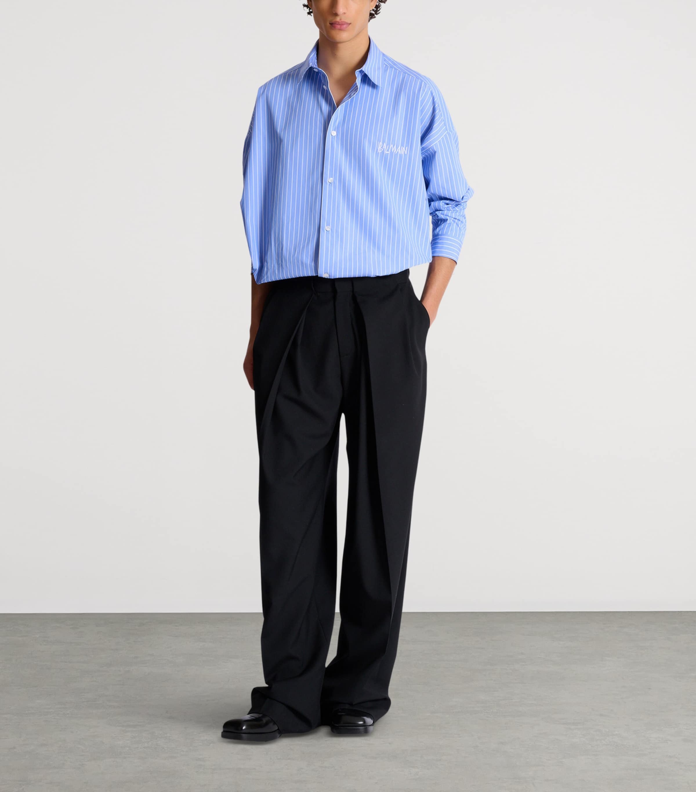 Balmain Mens Cotton Relaxed Stripe Logo Shirt Sab Bleu/blanc Image 3