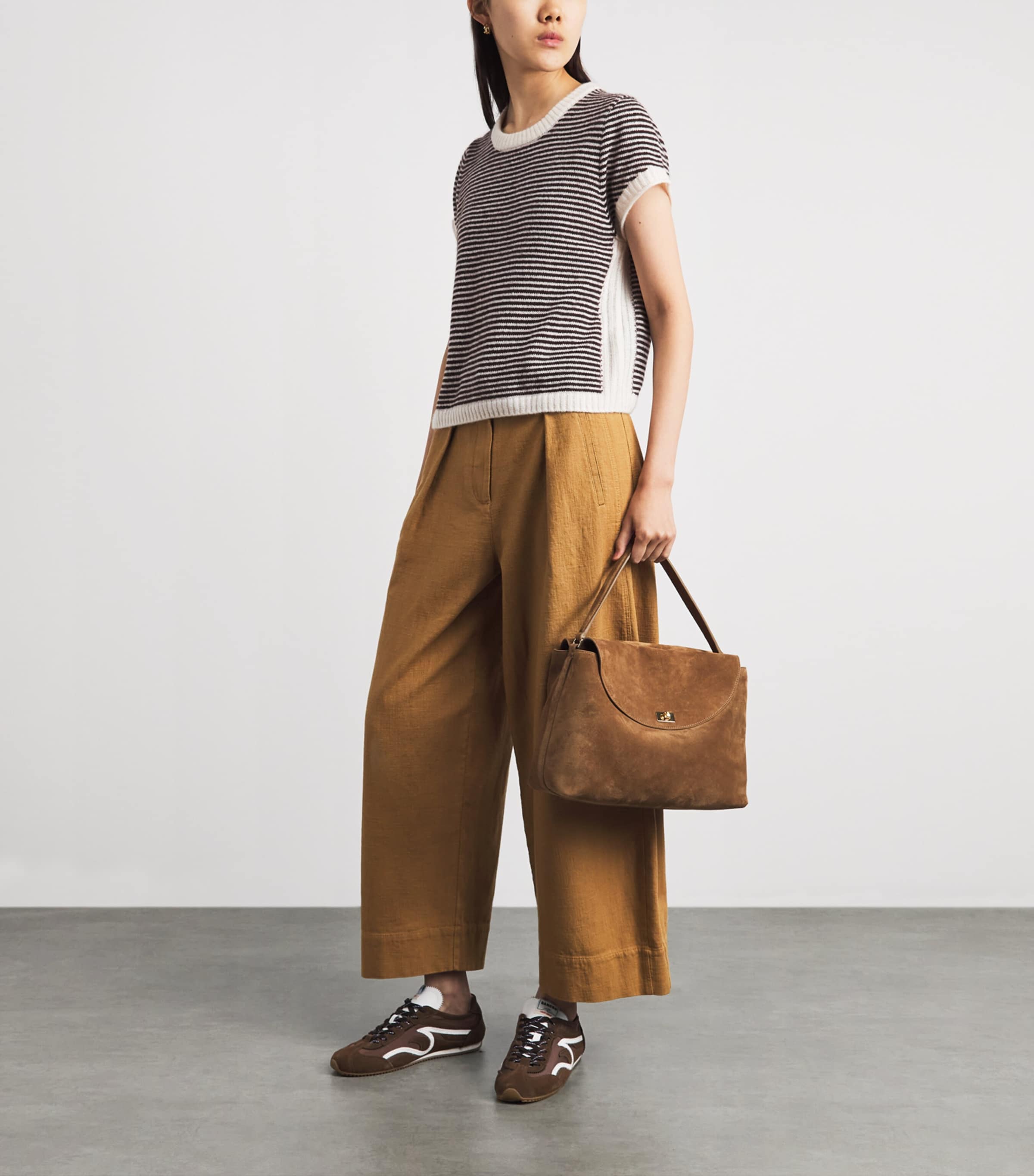 ME+EM Womens Merino Wool-Blend Stripe T-Shirt Cream/cocoa Brown Image 2