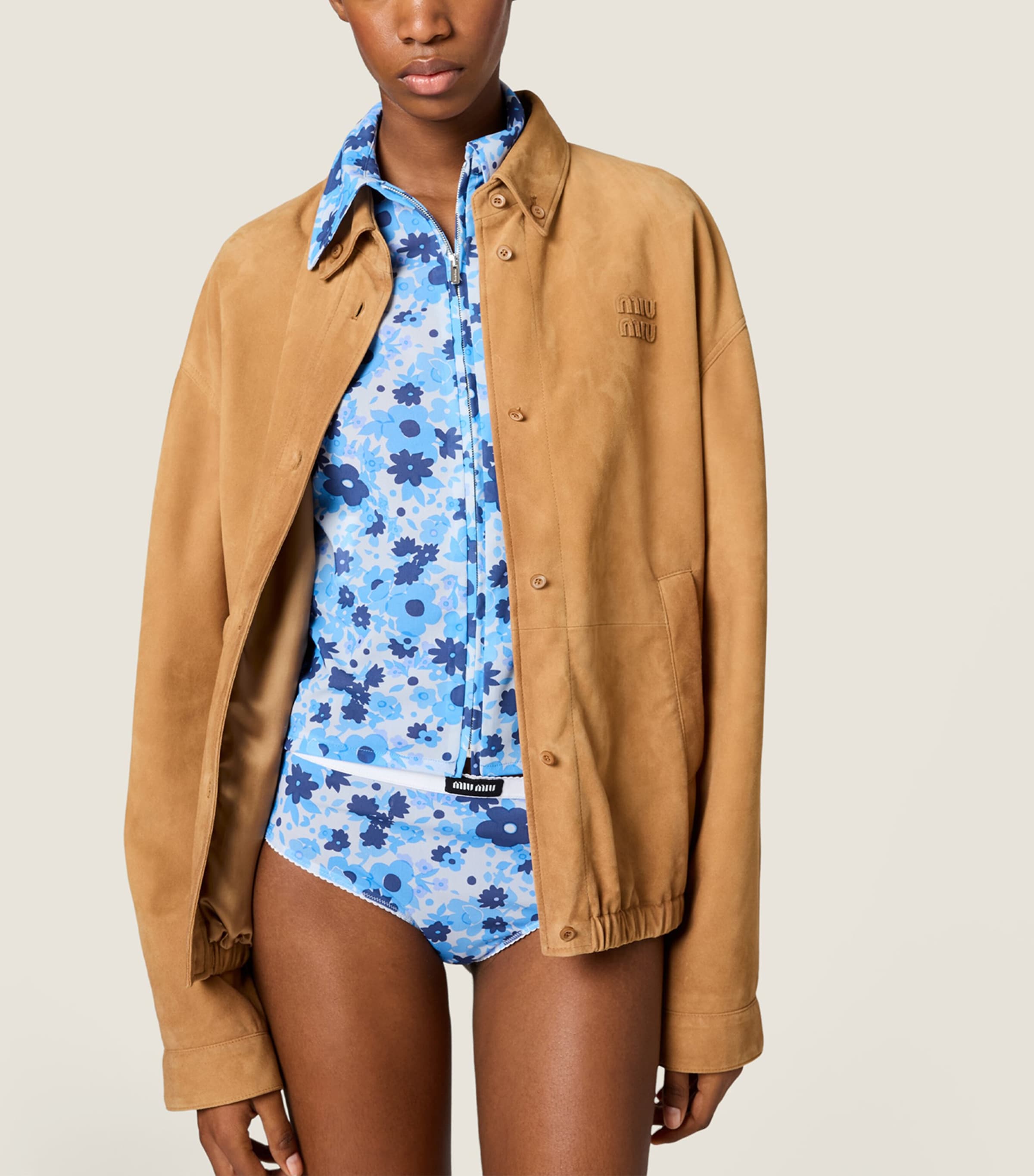 Miu Miu Womens Zip-Up Floral Print Shirt Light Blue Image 4