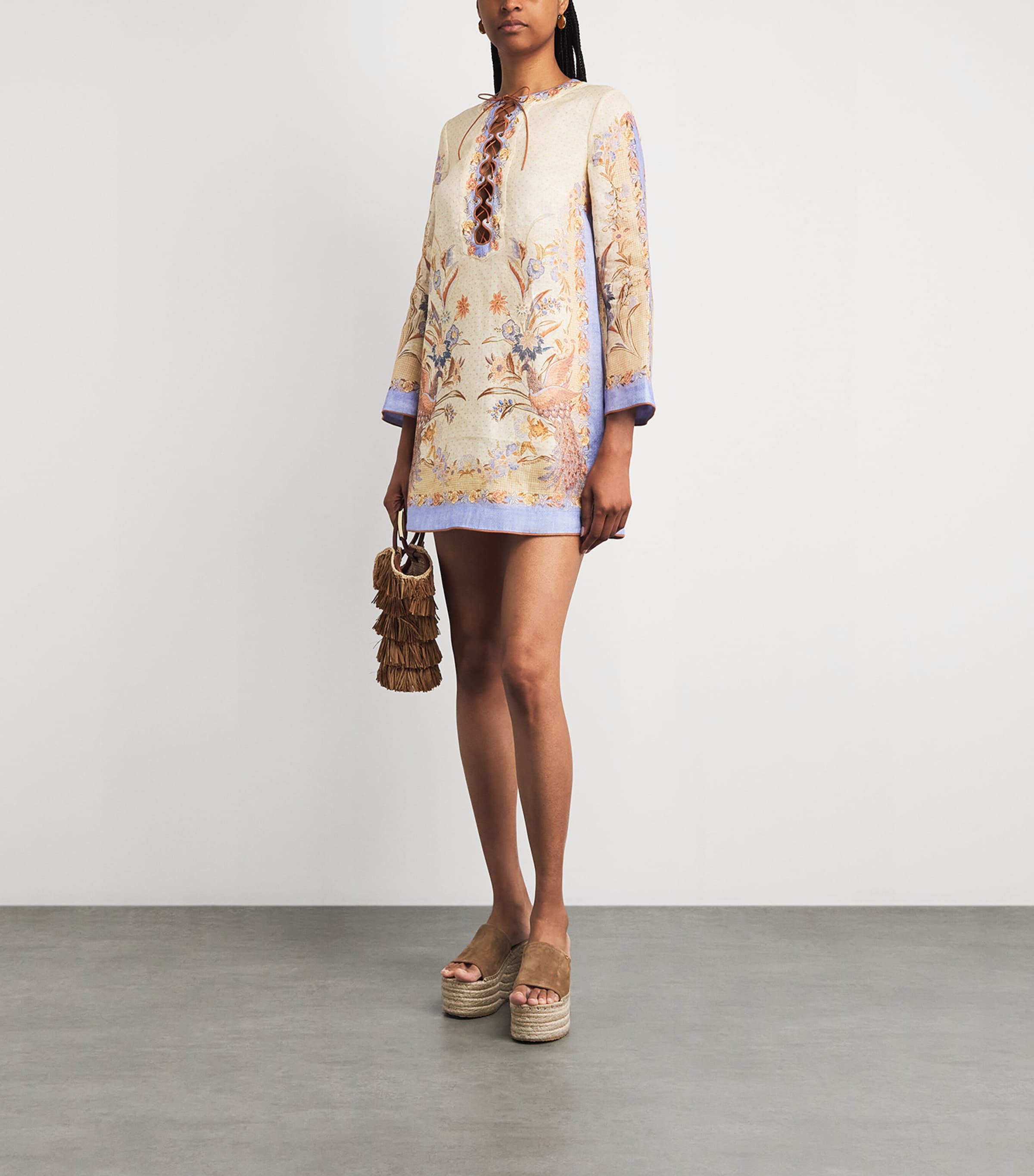 Zimmermann Womens Biscuit Scarf Floral Indra Floral-print Linen Tunic Mini Dress Xs In Neutral