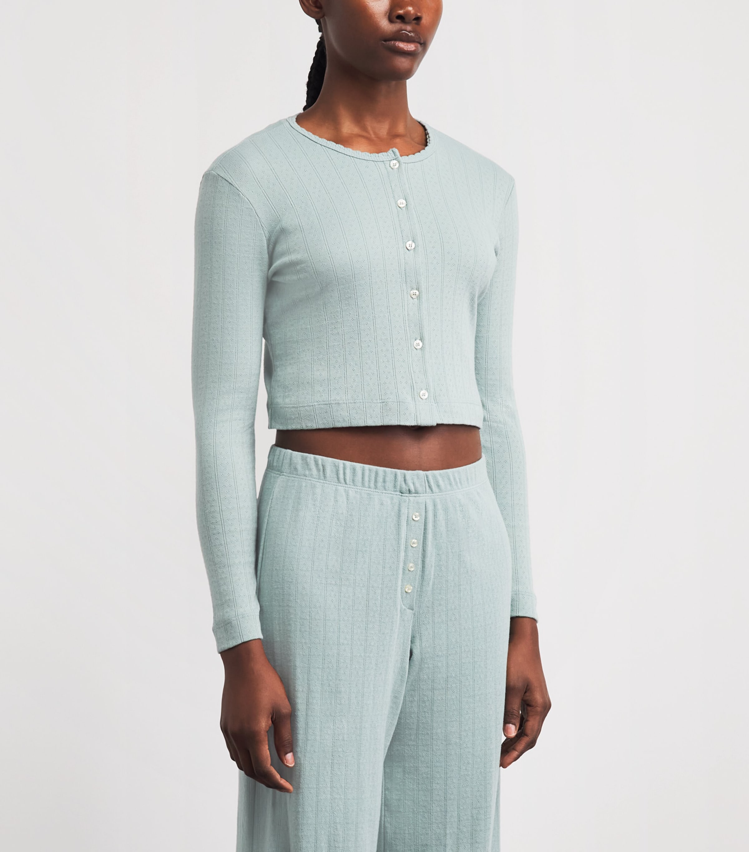LESET Womens Cotton Pointelle Lounge Cardigan Eucalyptus Image 4