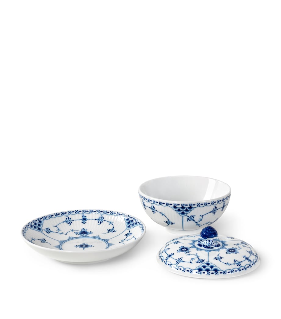 Porcelain Blue Fluted Half Lace Bowl, Lid And Saucer (300ml) BLUE Image 3