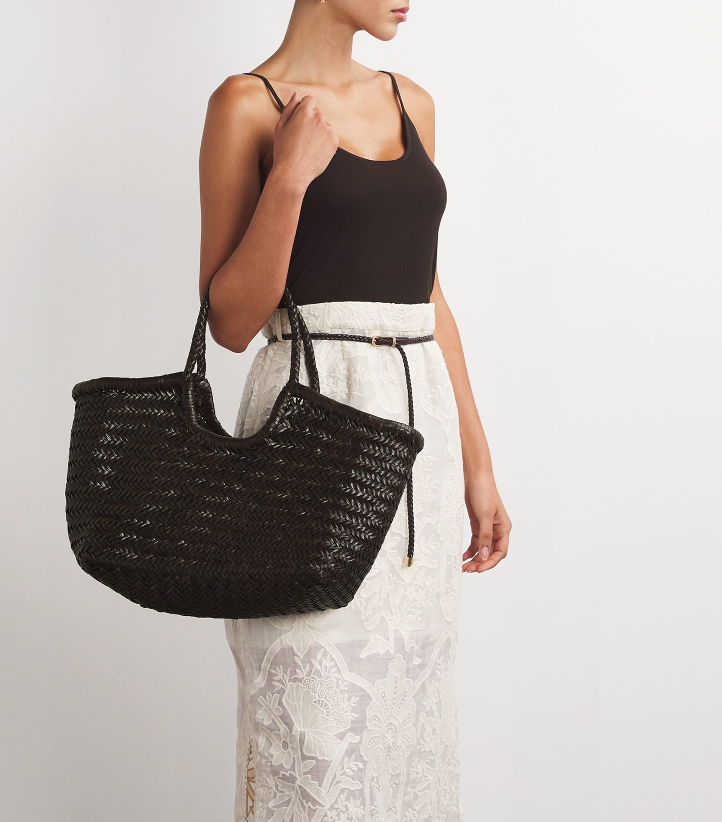 Large Leather Woven Nantucket Tote Bag DARK BROWN Image 2