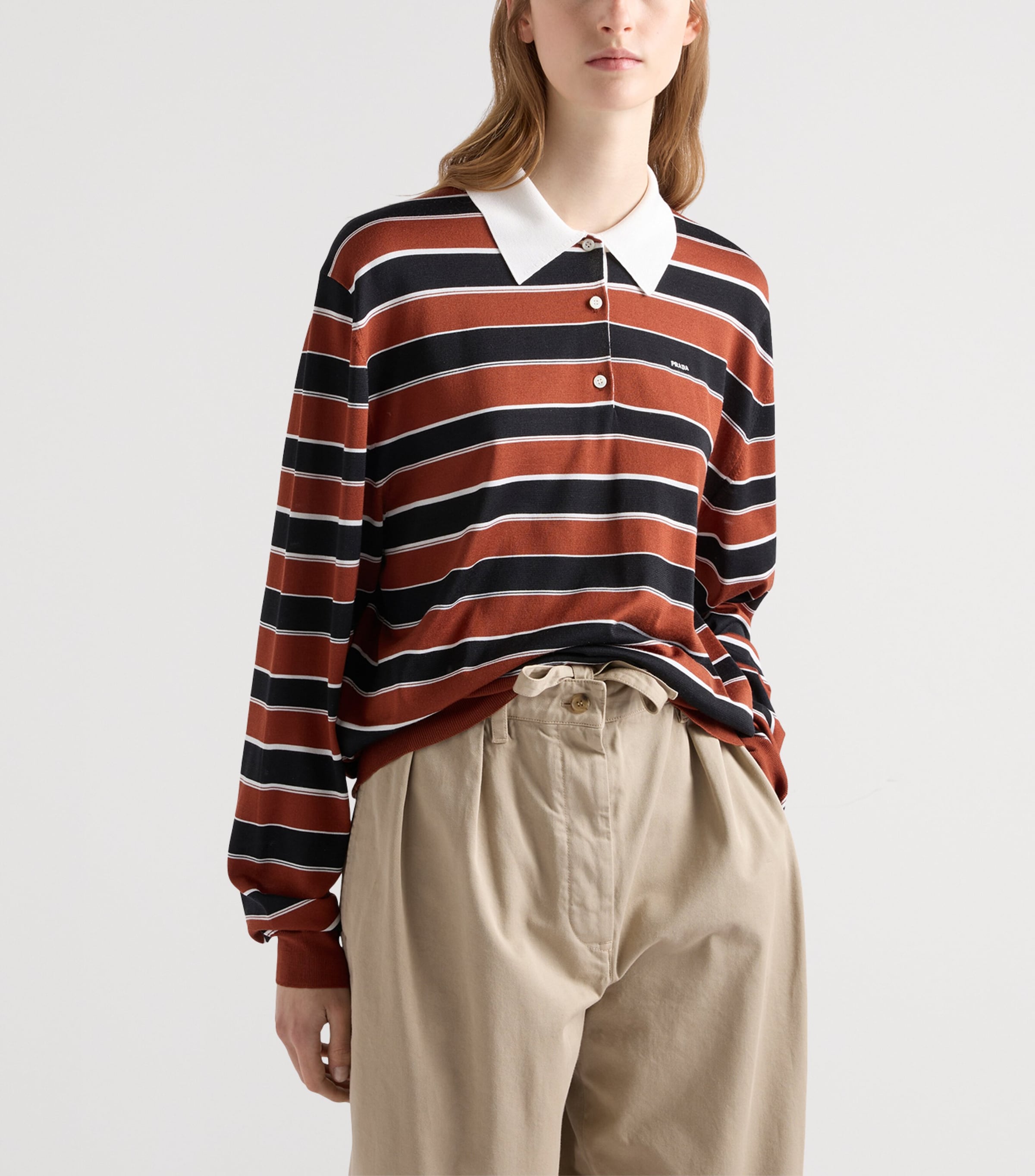 Prada Womens Silk Stripe Polo Sweater Orange Image 3