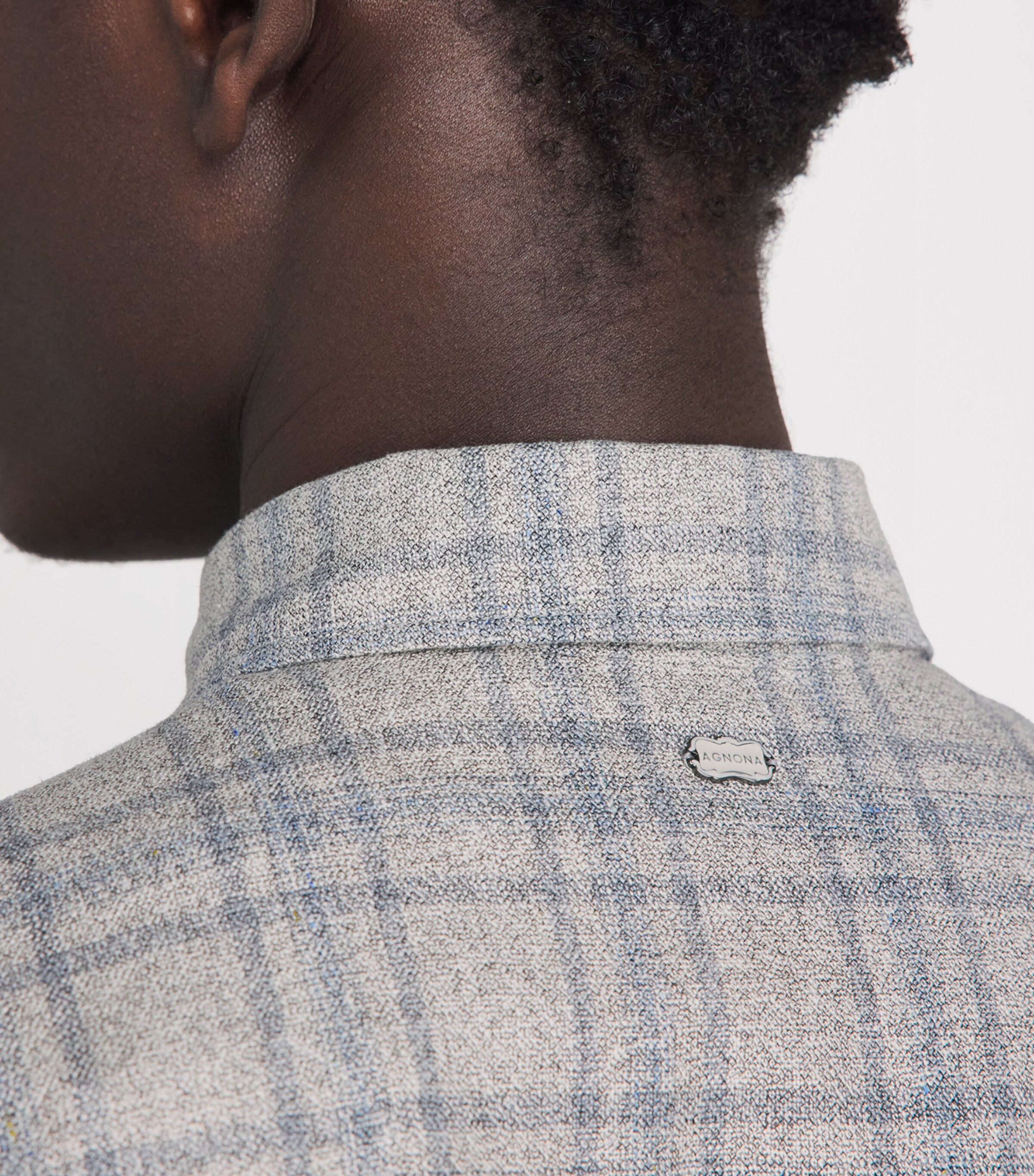 Agnona Mens Silk-Wool Check Shirt Grey Light Blue Image 3