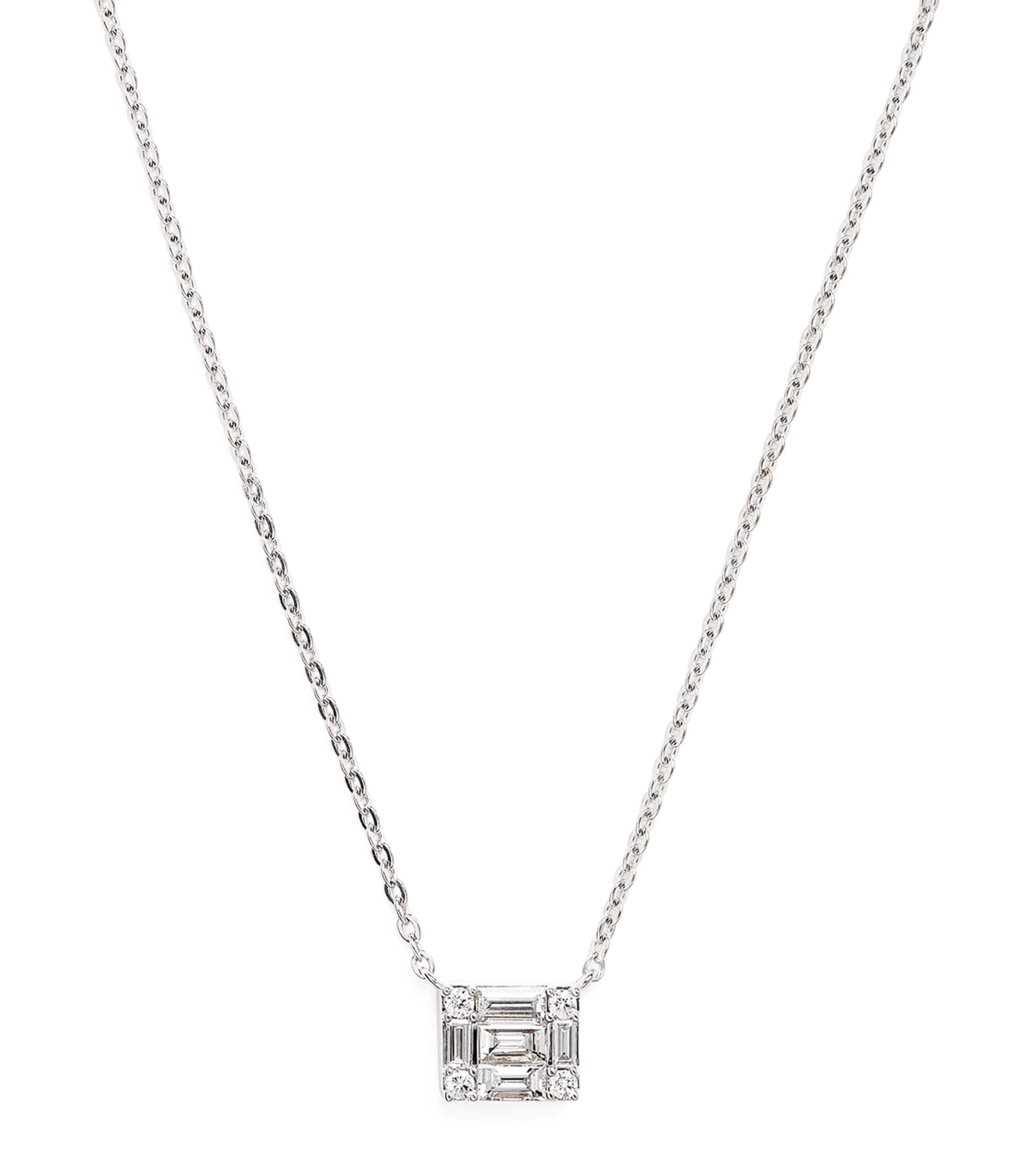 Harrods White Gold And Diamond Square Illusion Necklace In White