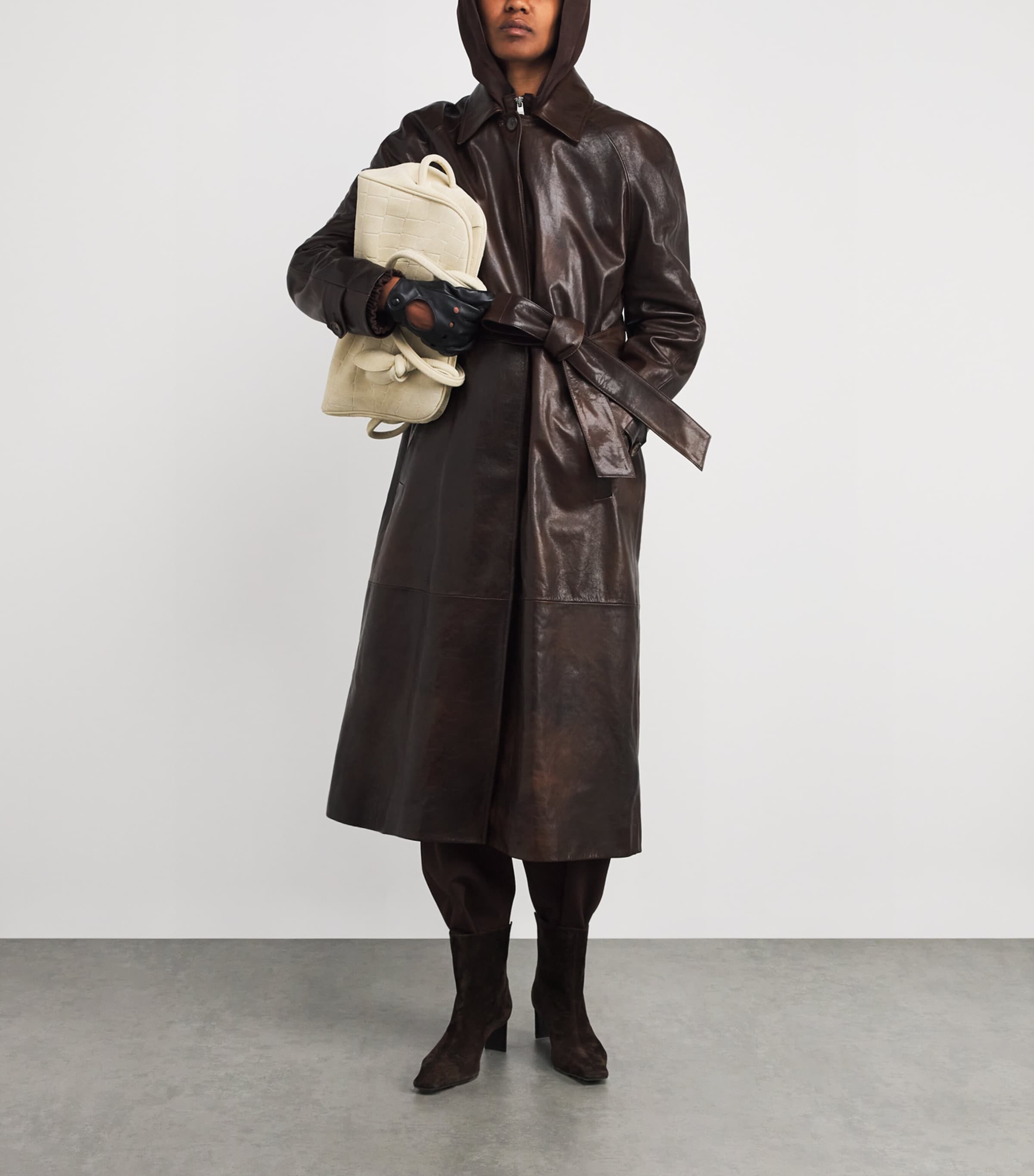 Leather Belted Trench Coat BROWN Image 2