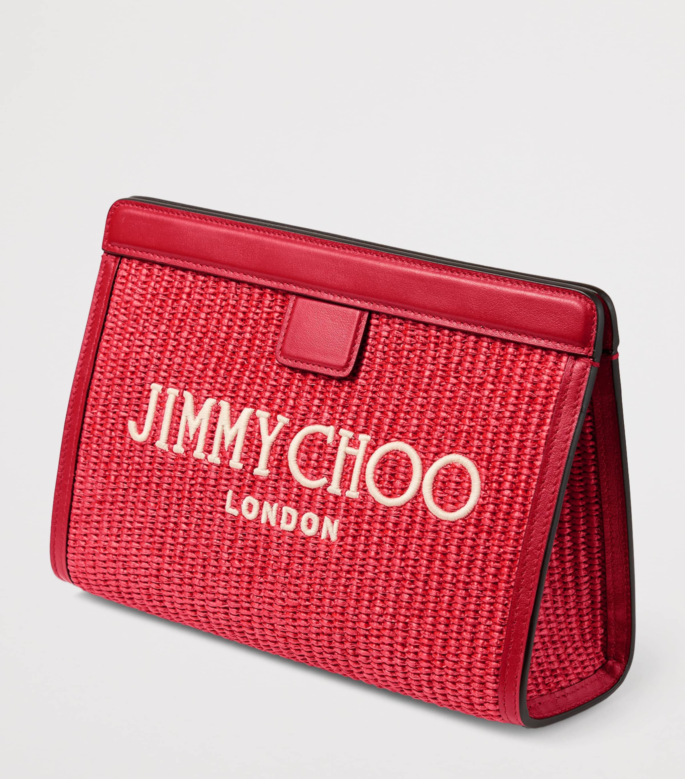 Jimmy Choo Raffia Leather-Trim Avenue Pouch Ruby Red/light Gold Image 4
