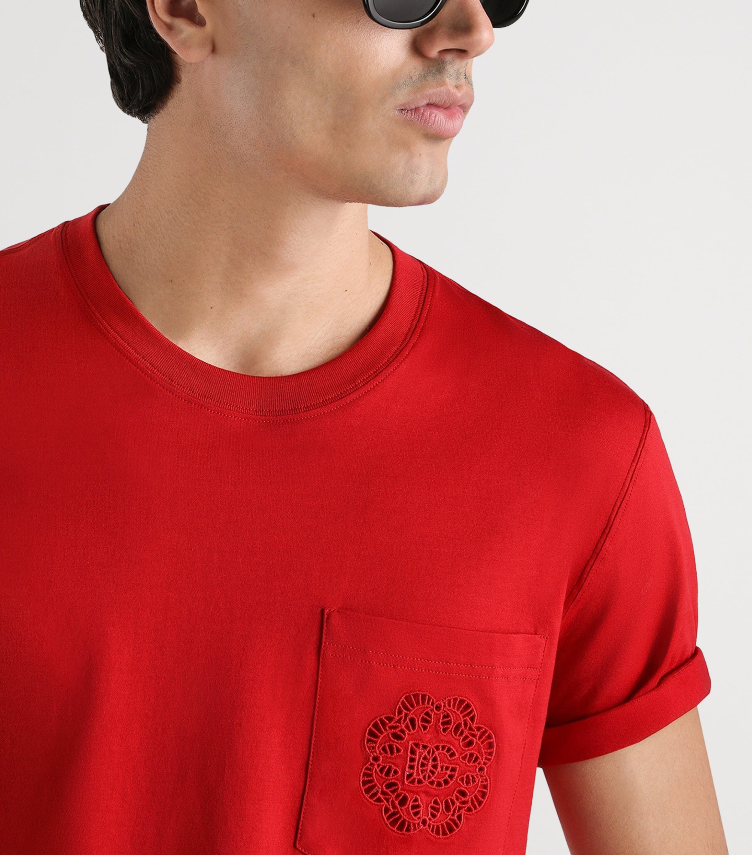 Dolce&Gabbana Mens Embroidered-Logo T-Shirt Bright Red Image 5