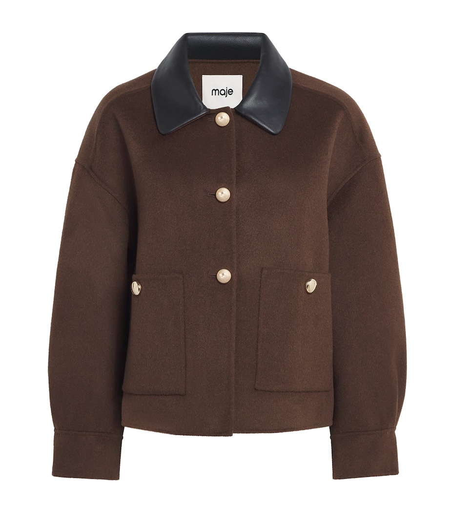 Maje Womens Wool-Blend Leather-Collar Jacket Brown Image 1