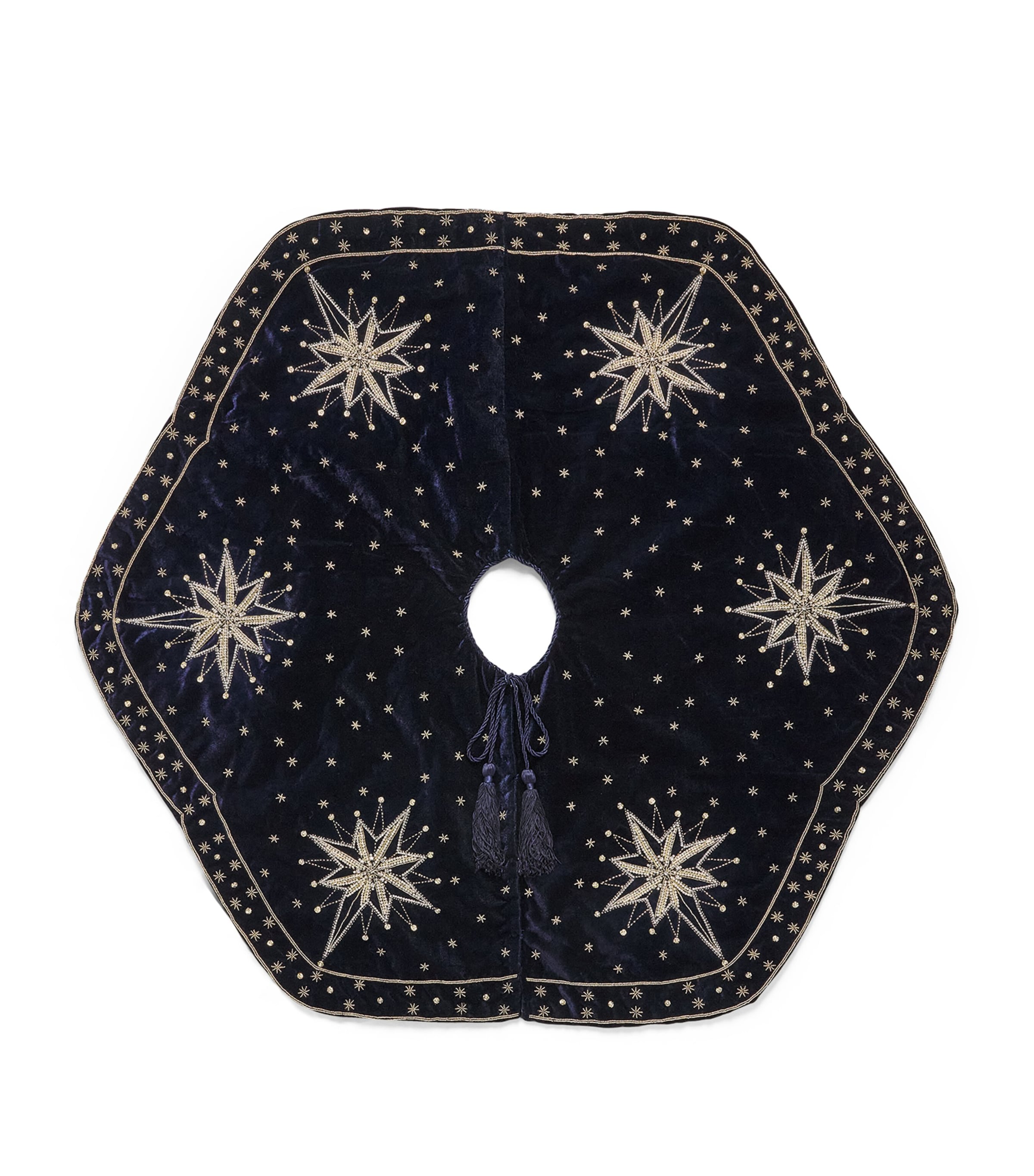 Harrods Velvet Embroidered Stars Tree Skirt Blue/silver/gold Image 1