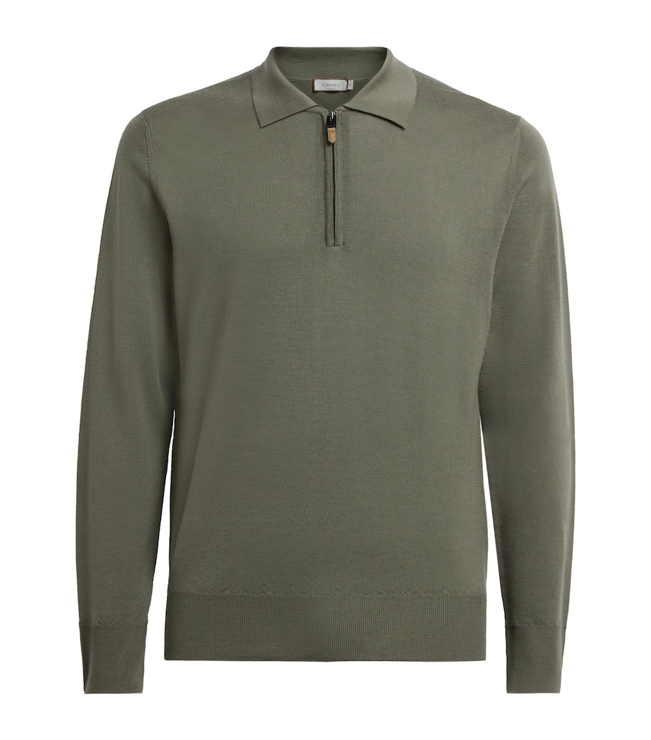 Canali Mens Wool Quarter-Zip Polo Sweater Green Image 1