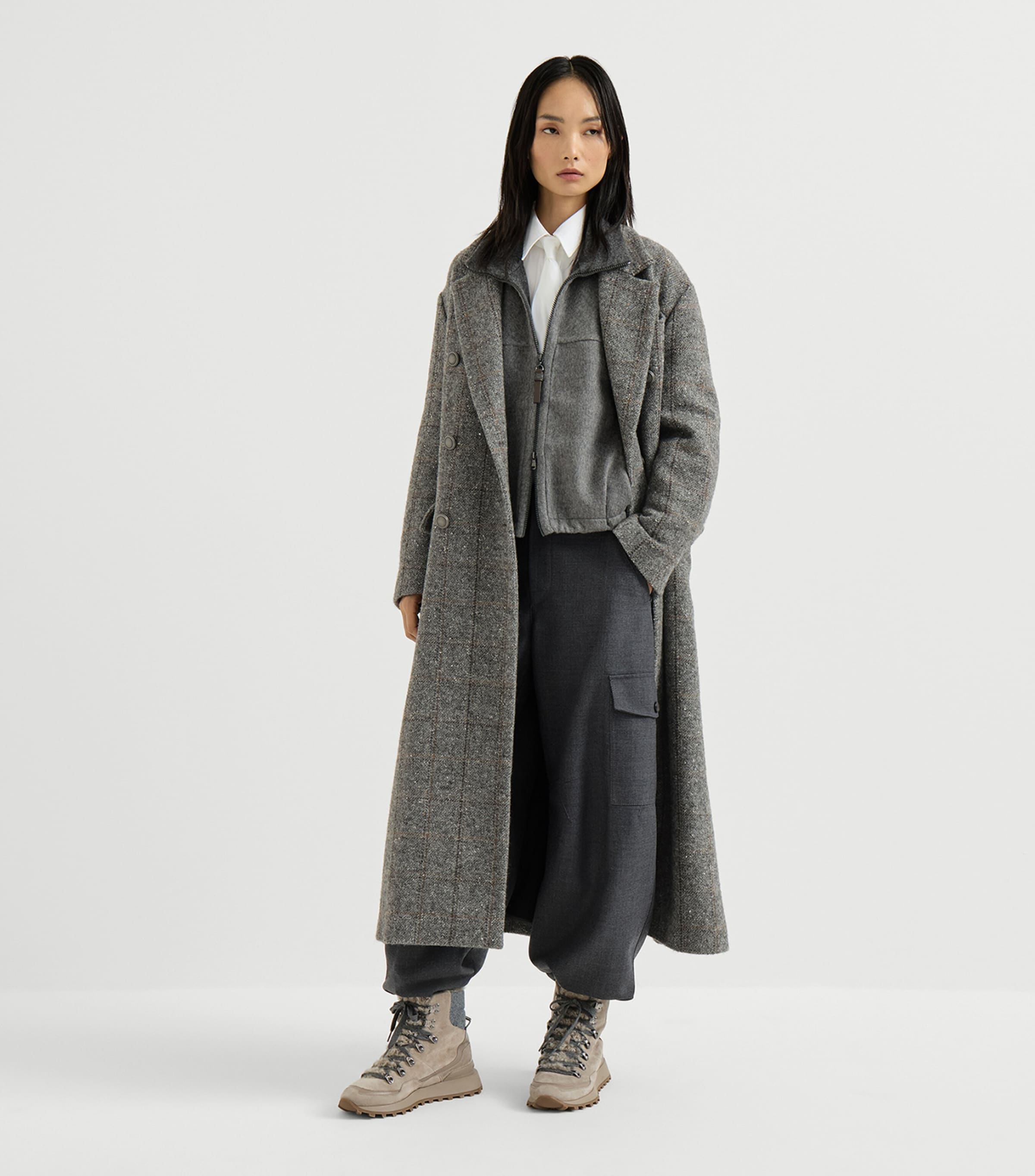 Brunello Cucinelli Grey Wool Tweed Check Trench Coat | Harrods US