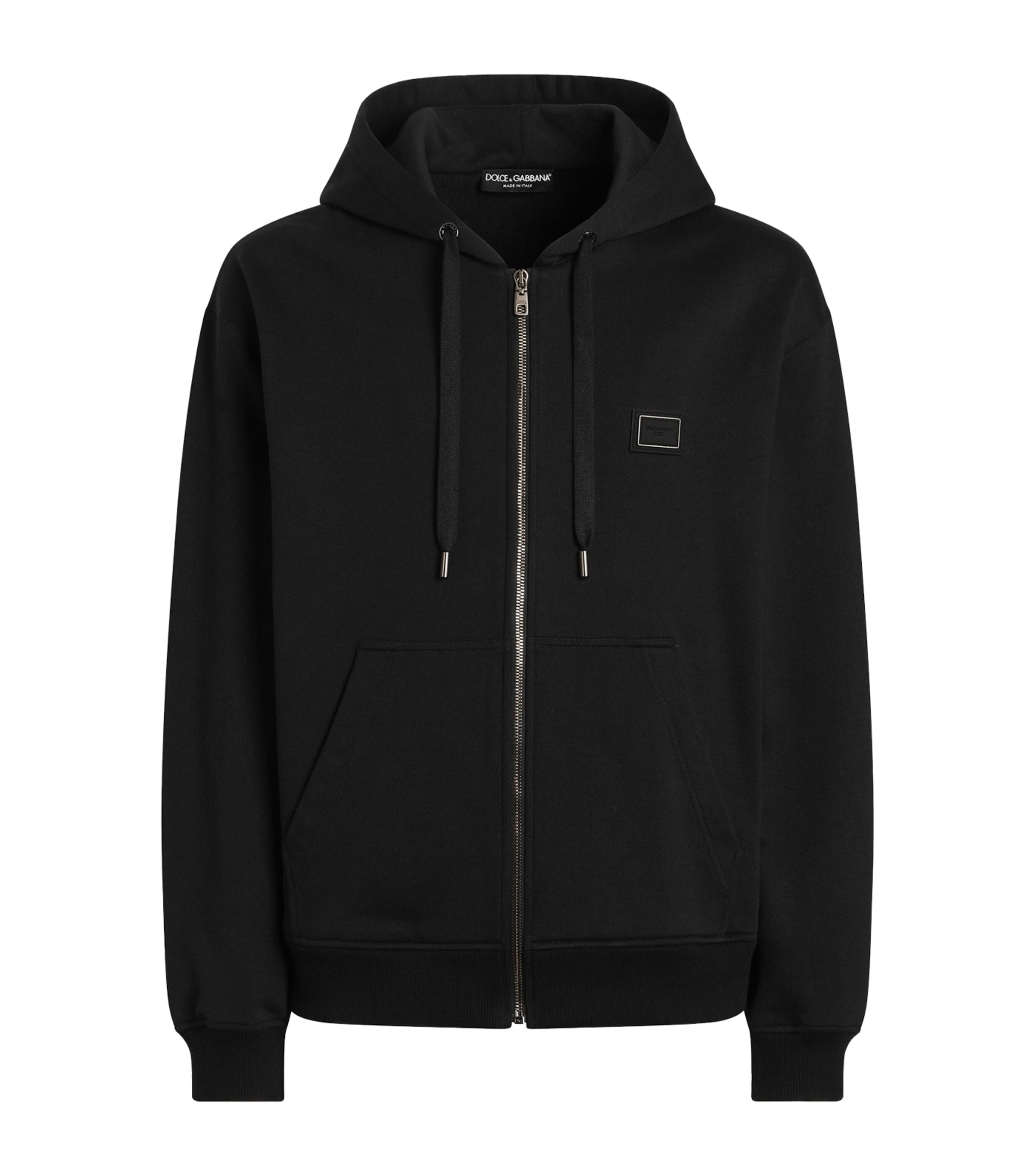 Dolce&Gabbana Mens Cotton Logo Patch Zip-Up Hoodie Black Image 1
