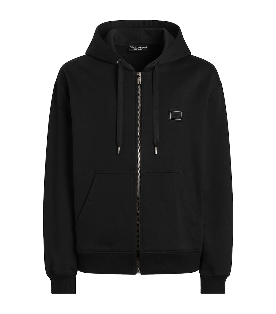 Dolce&Gabbana Mens Cotton Logo Patch Zip-Up Hoodie Black Image 1