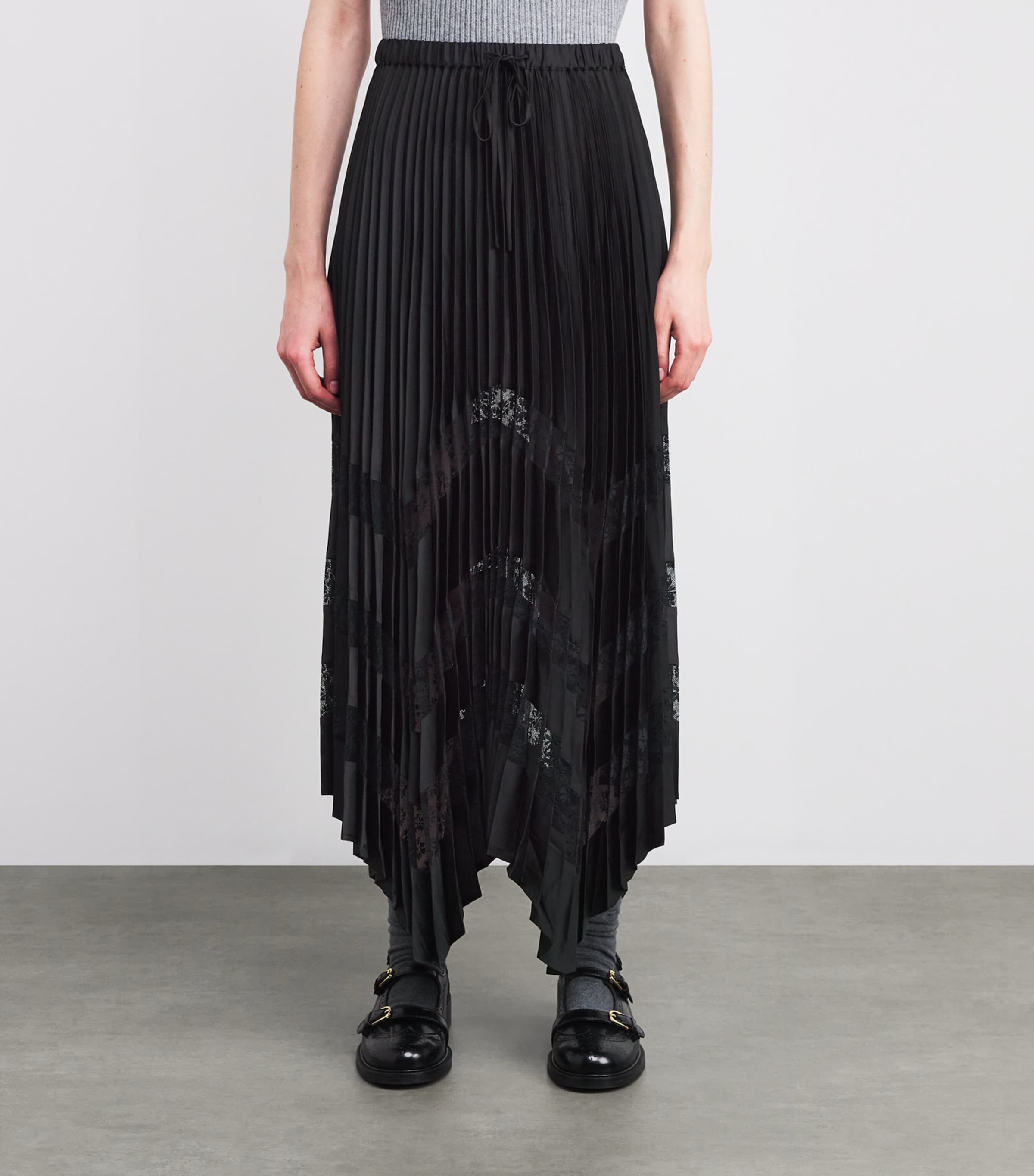 Lace-Trim Pleated Maxi Skirt BLACK Image 3