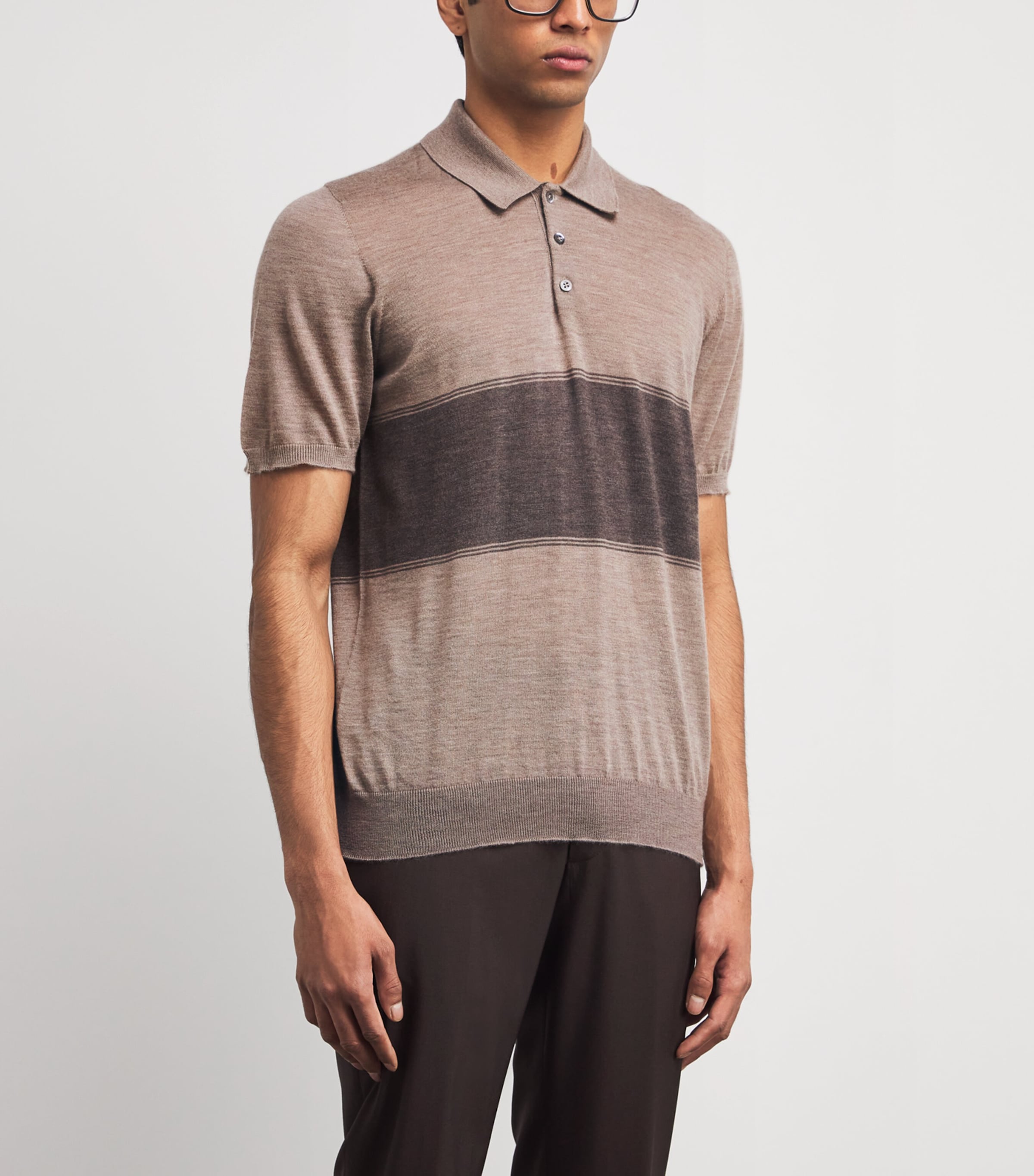 Superfine Cashmere Stripe Polo Shirt Q25929 PEBBLE/ASH Image 3