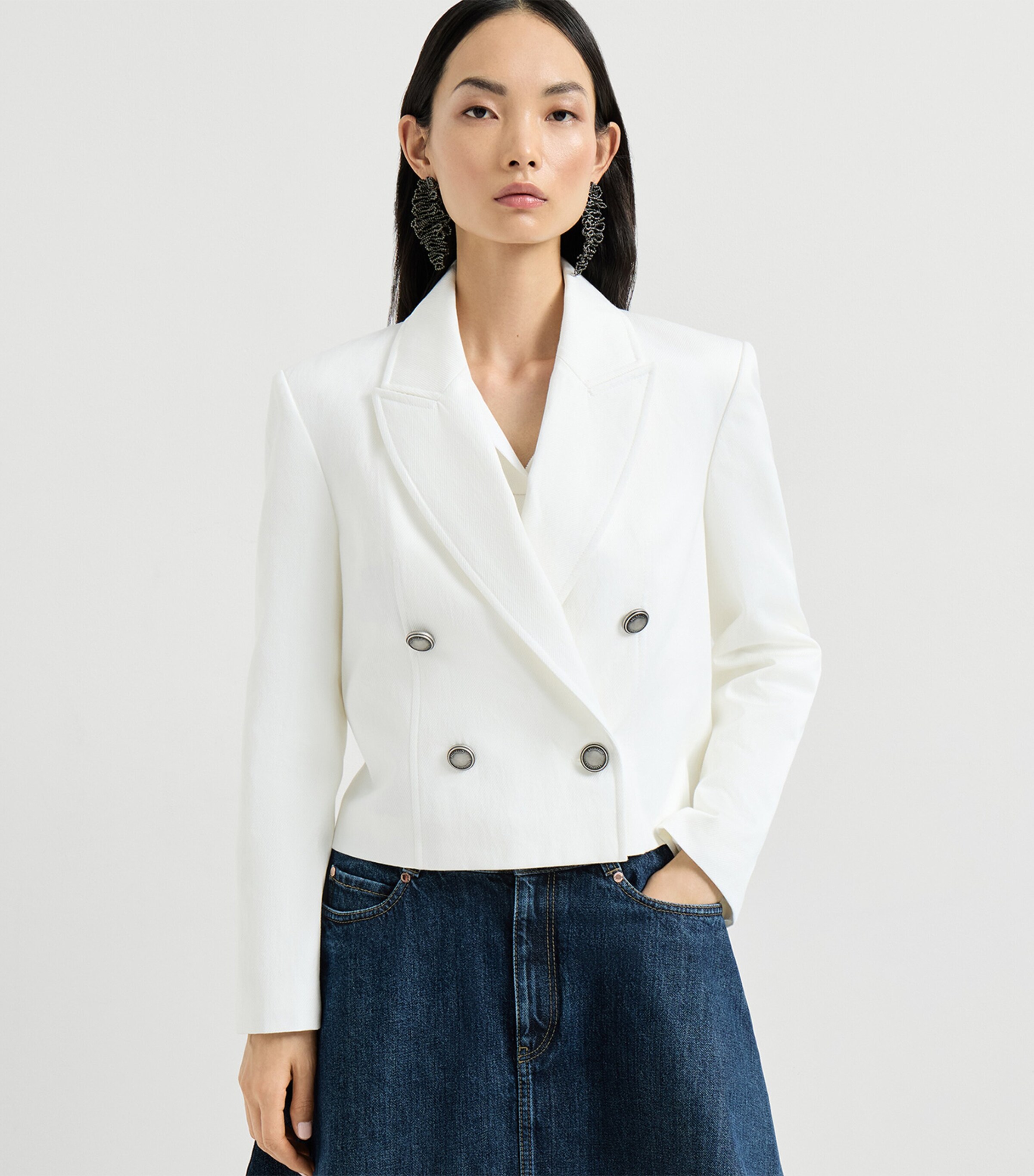 Brunello Cucinelli Womens Cotton-Paper Yarn Cropped Blazer Image 3