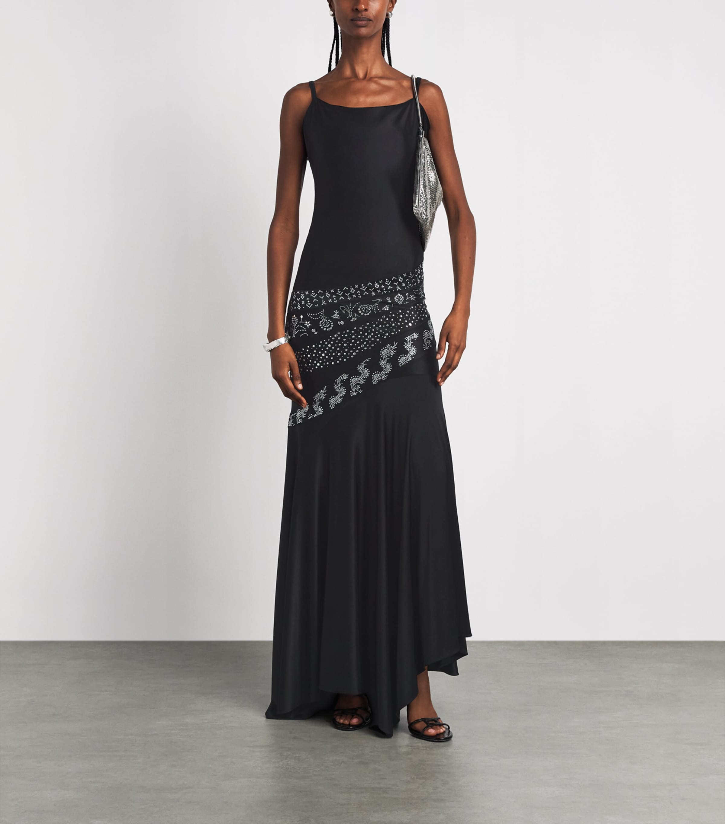 Rabanne Womens Asymmetric-Hem Embellished Gown Black Image 2