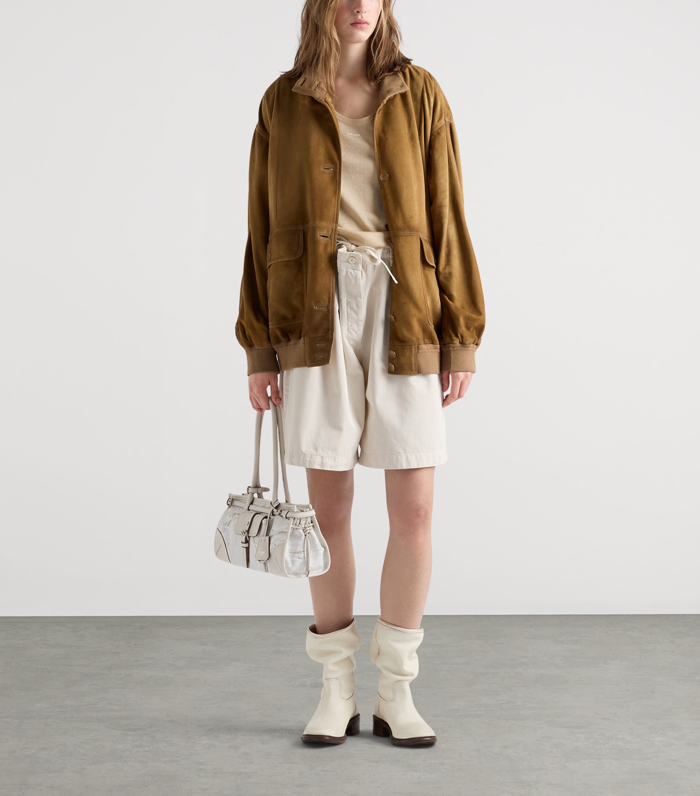 Prada Womens Suede Bomber Jacket Neutral Image 2