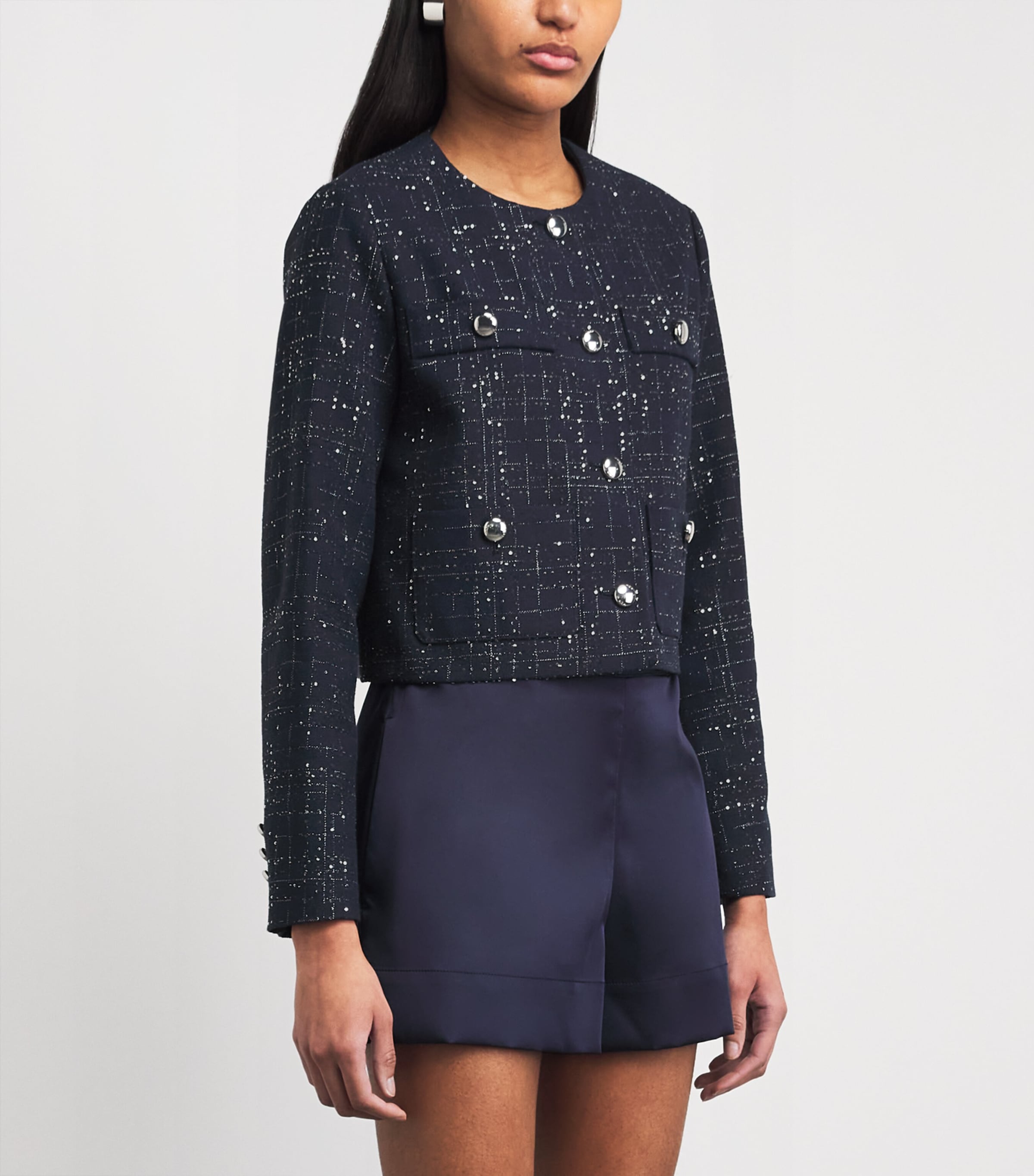 Maje Womens Sequinned Tweed Cropped Jacket Navy Image 4